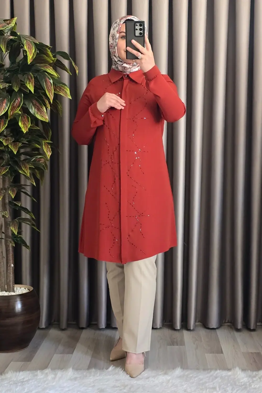 Kadın Tesettür Giyim Büyük Beden Suyolu Taşlı Gömlek