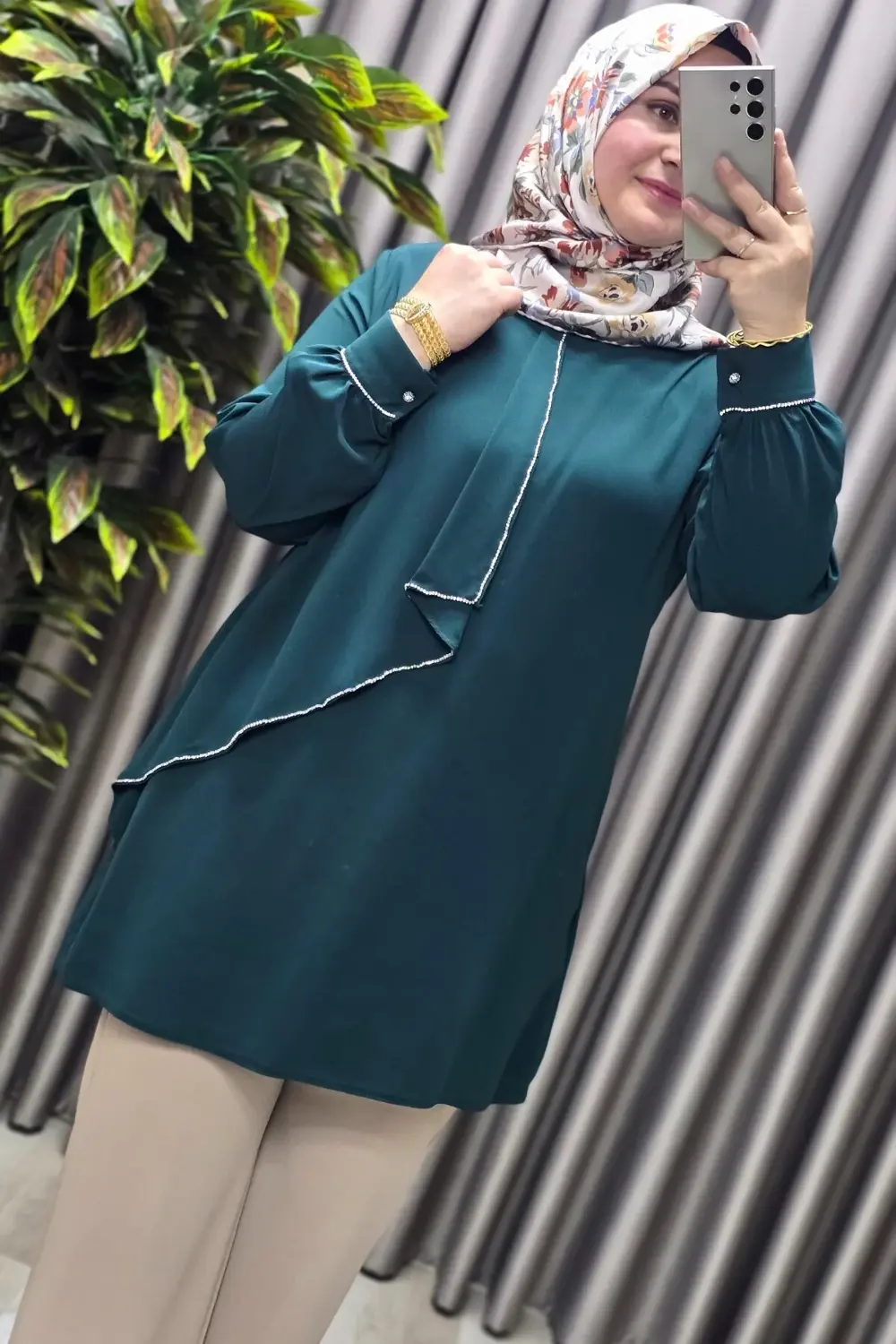 Kadın Tesettür Giyim Büyük Beden Taşlı Abiye Tunik