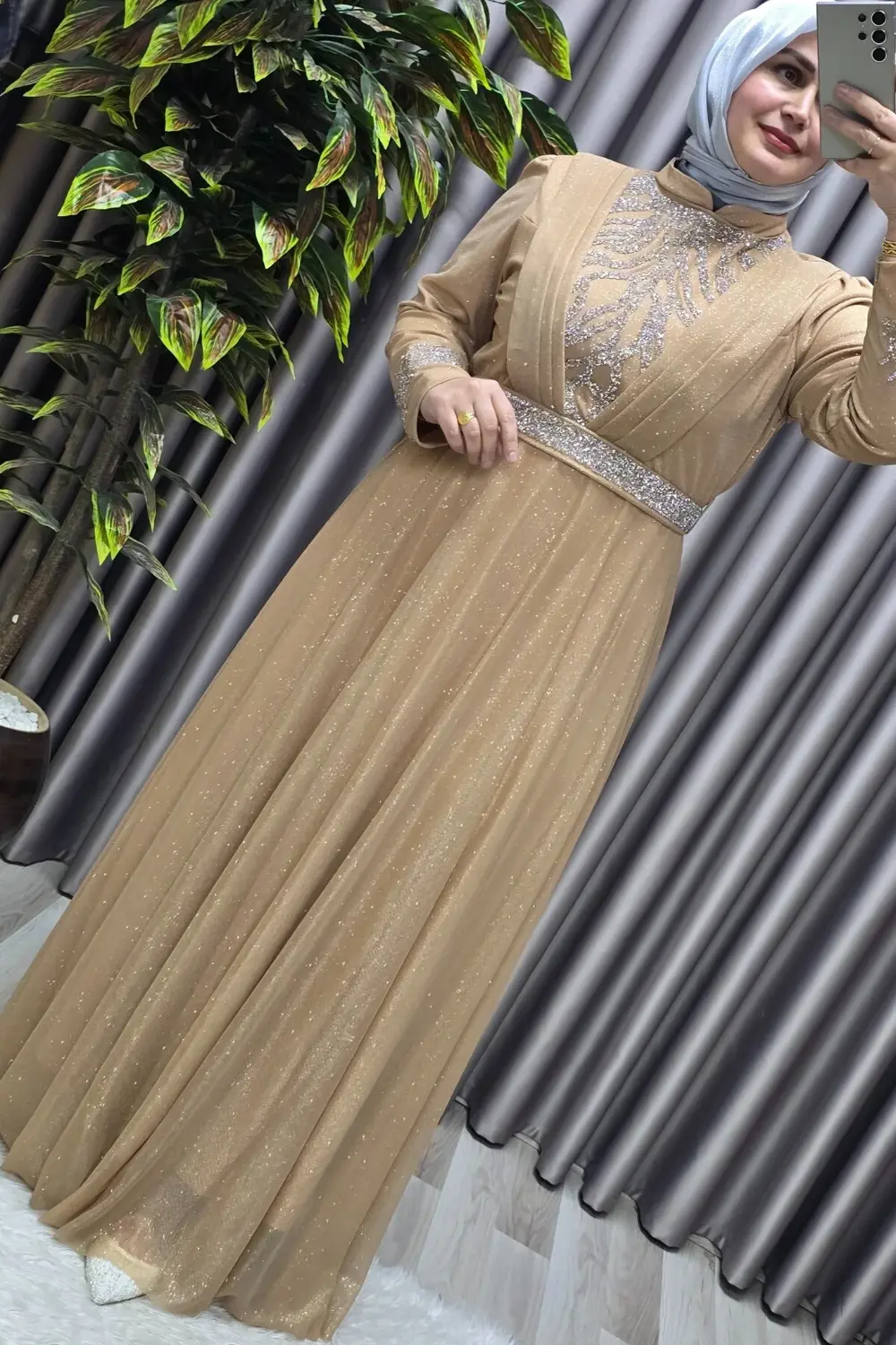 Kadın Tesettür Giyim Büyük Beden V Taşlı Abiye