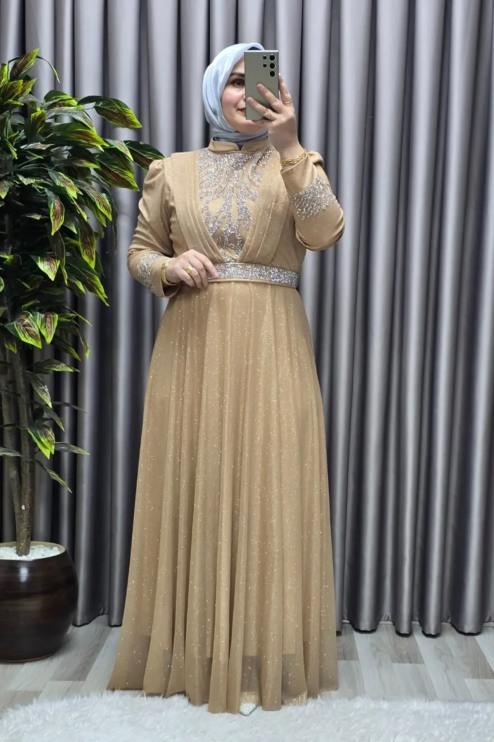 Kadın Tesettür Giyim Büyük Beden V Taşlı Abiye