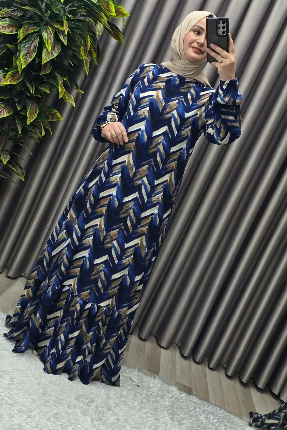 Kadın Tesettür Giyim Büyük Beden Viscon Desenli Elbise