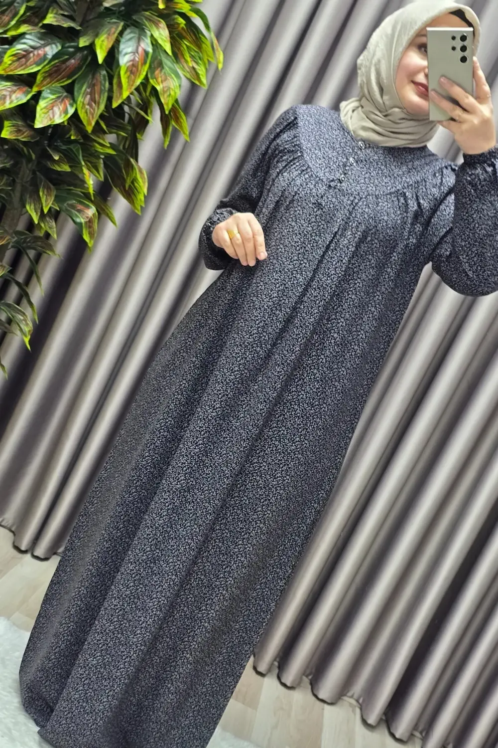 Kadın Tesettür Giyim Büyük Beden Yaprak Desenli Tam Robalı Elbise