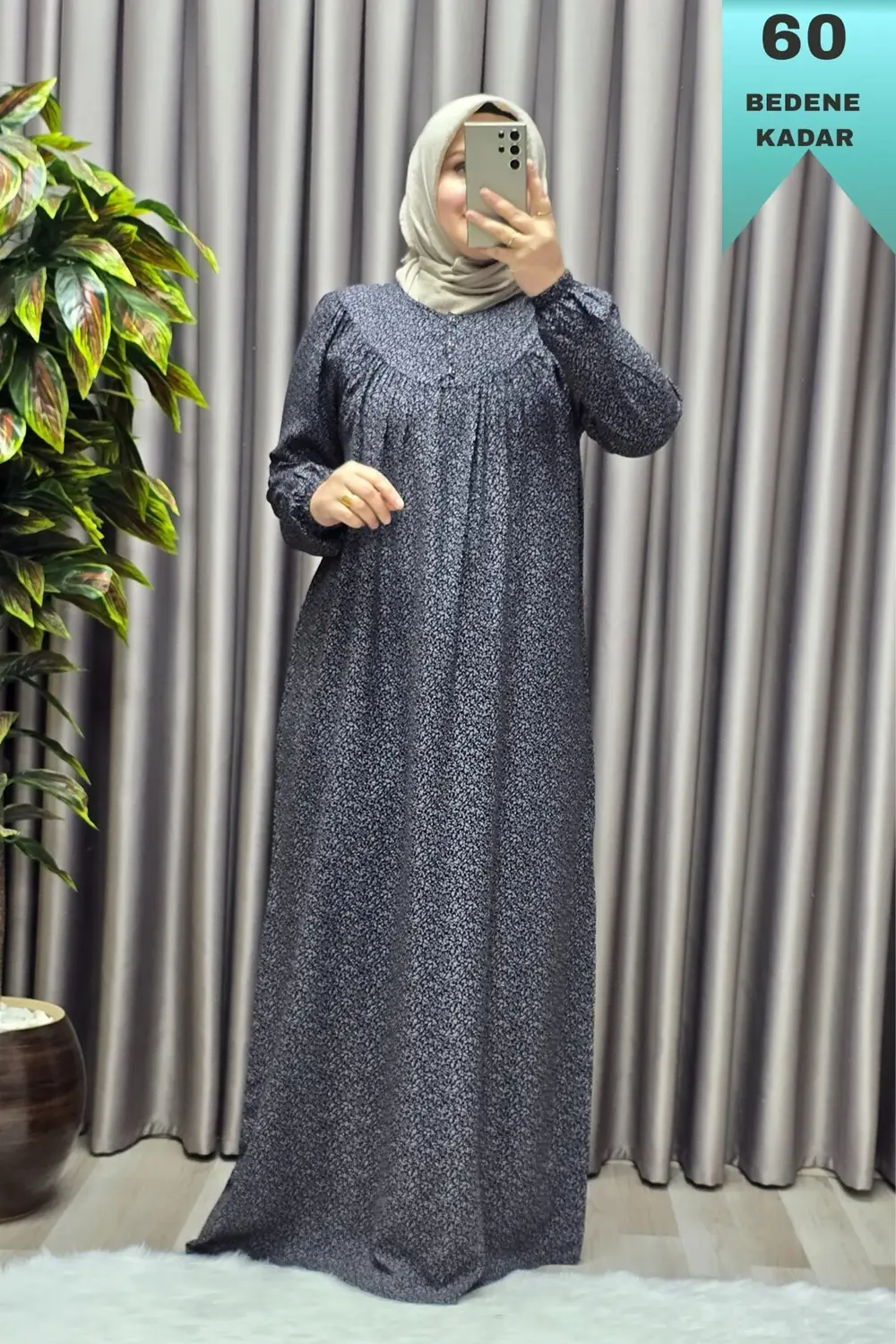 Kadın Tesettür Giyim Büyük Beden Yaprak Desenli Tam Robalı Elbise