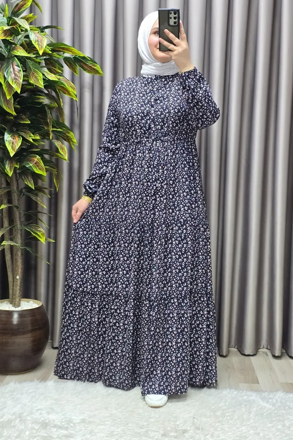 Kadın Tesettür Giyim Yazlık Viscon Üç Katlı Papatya Elbise