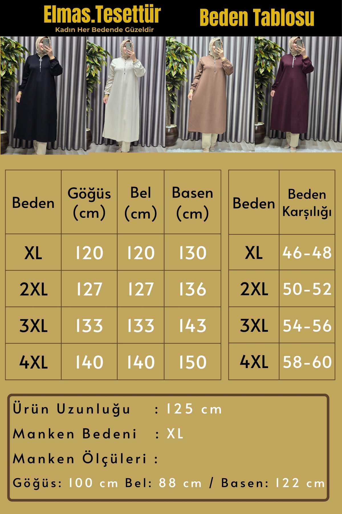 Elmas Tesettür Kadın Tesettür Giyim Büyük Beden Fermuarlı Jumbo Uzun Tunik