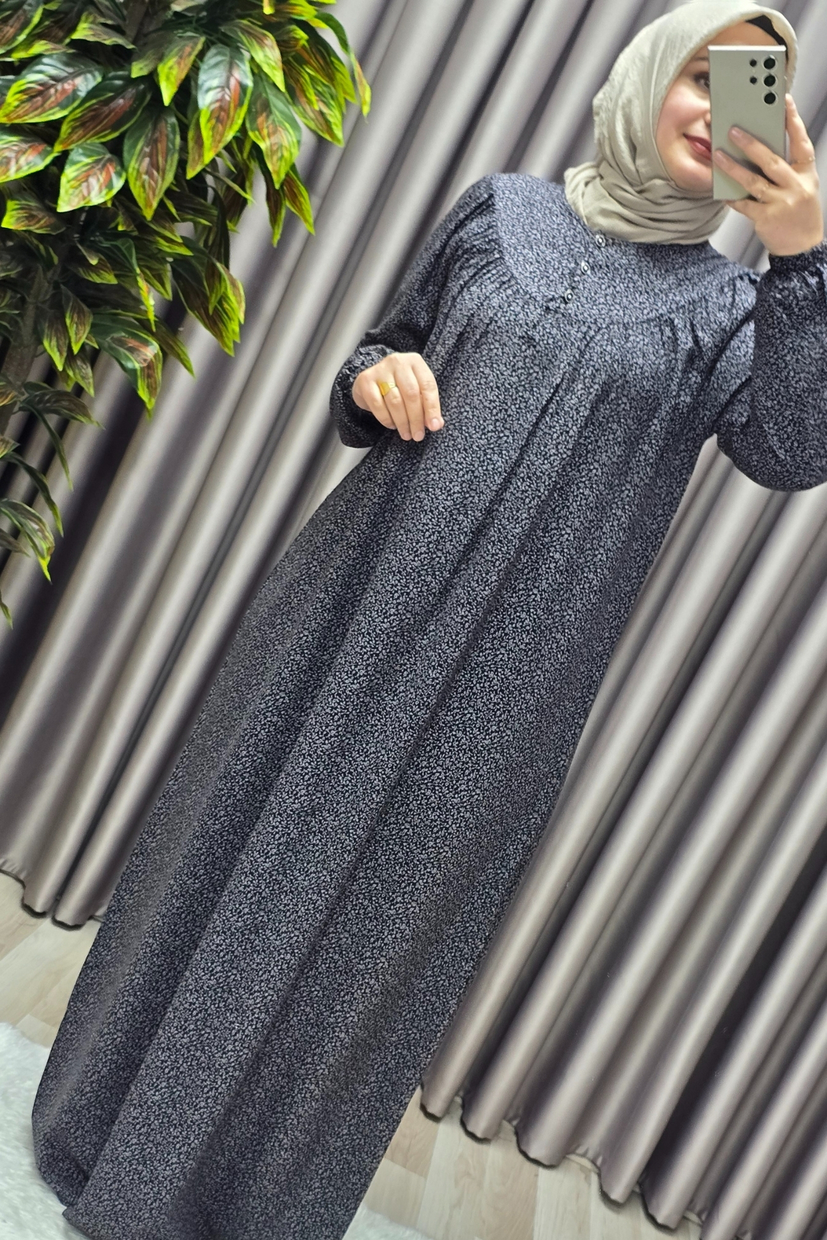 Kadın Tesettür Giyim Büyük Beden Yaprak Desenli Tam Robalı Elbise