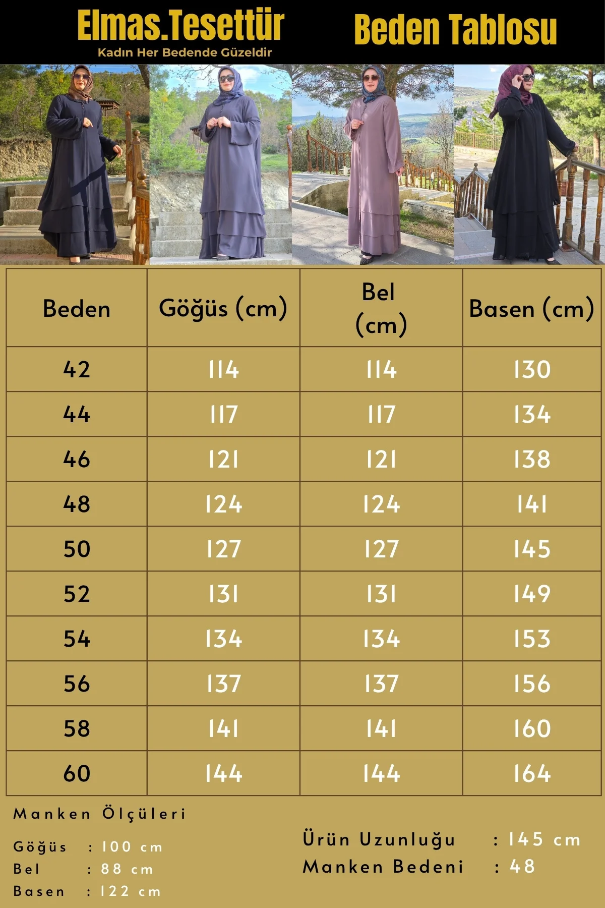 Kadın Tesettür Giyim Büyük Beden Üç Katlı Astarlı Abaya Ferace