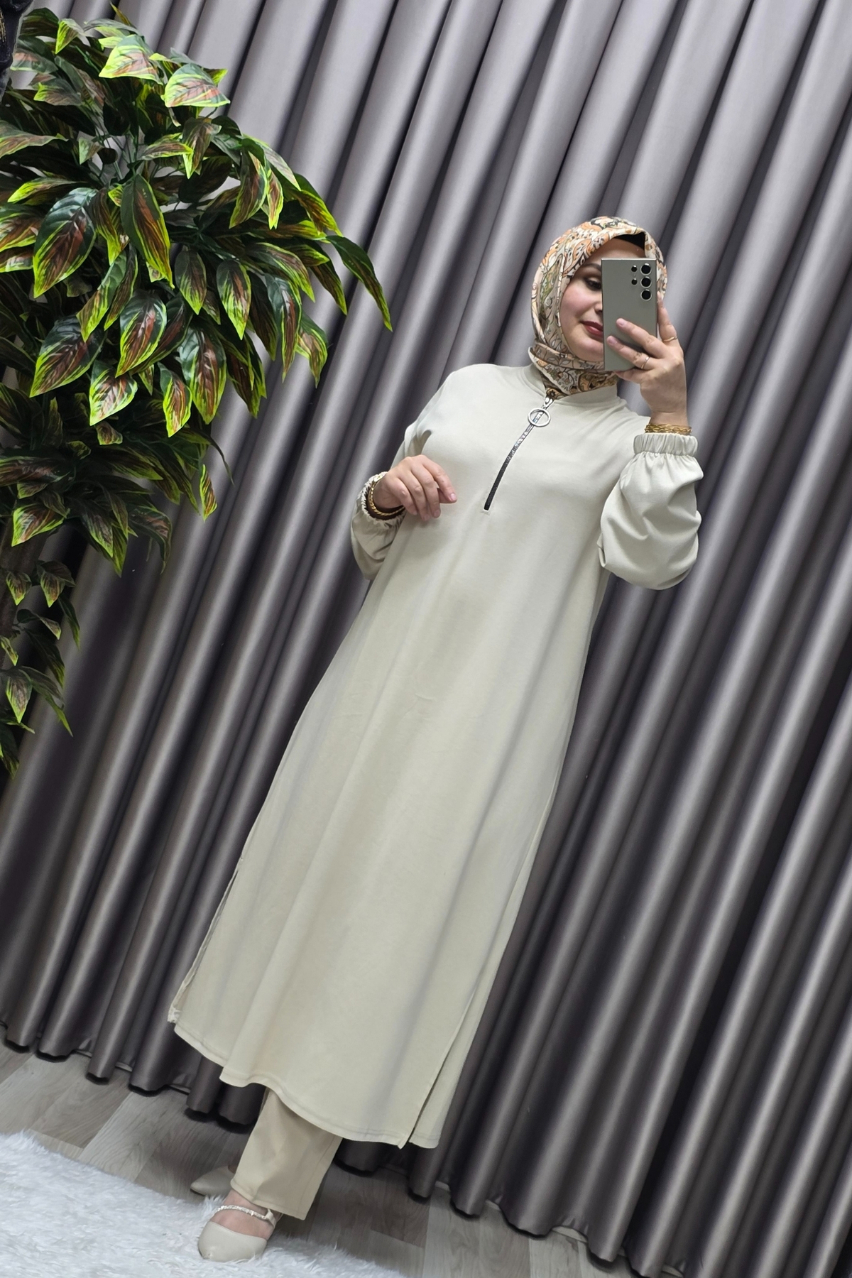 Elmas Tesettür Kadın Tesettür Giyim Büyük Beden Fermuarlı Jumbo Uzun Tunik