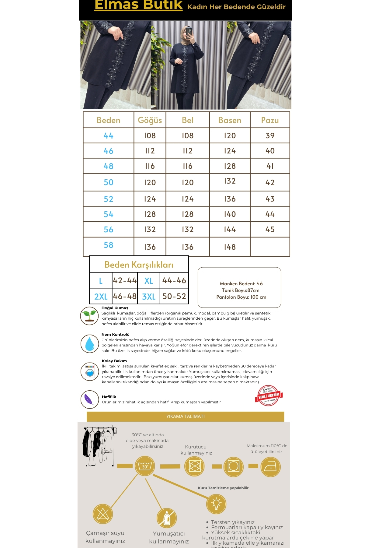 Elmas Tesettür Kadın Tesettür Giyim Büyük Beden Kabartma Çiçekli Krep İkili Takı