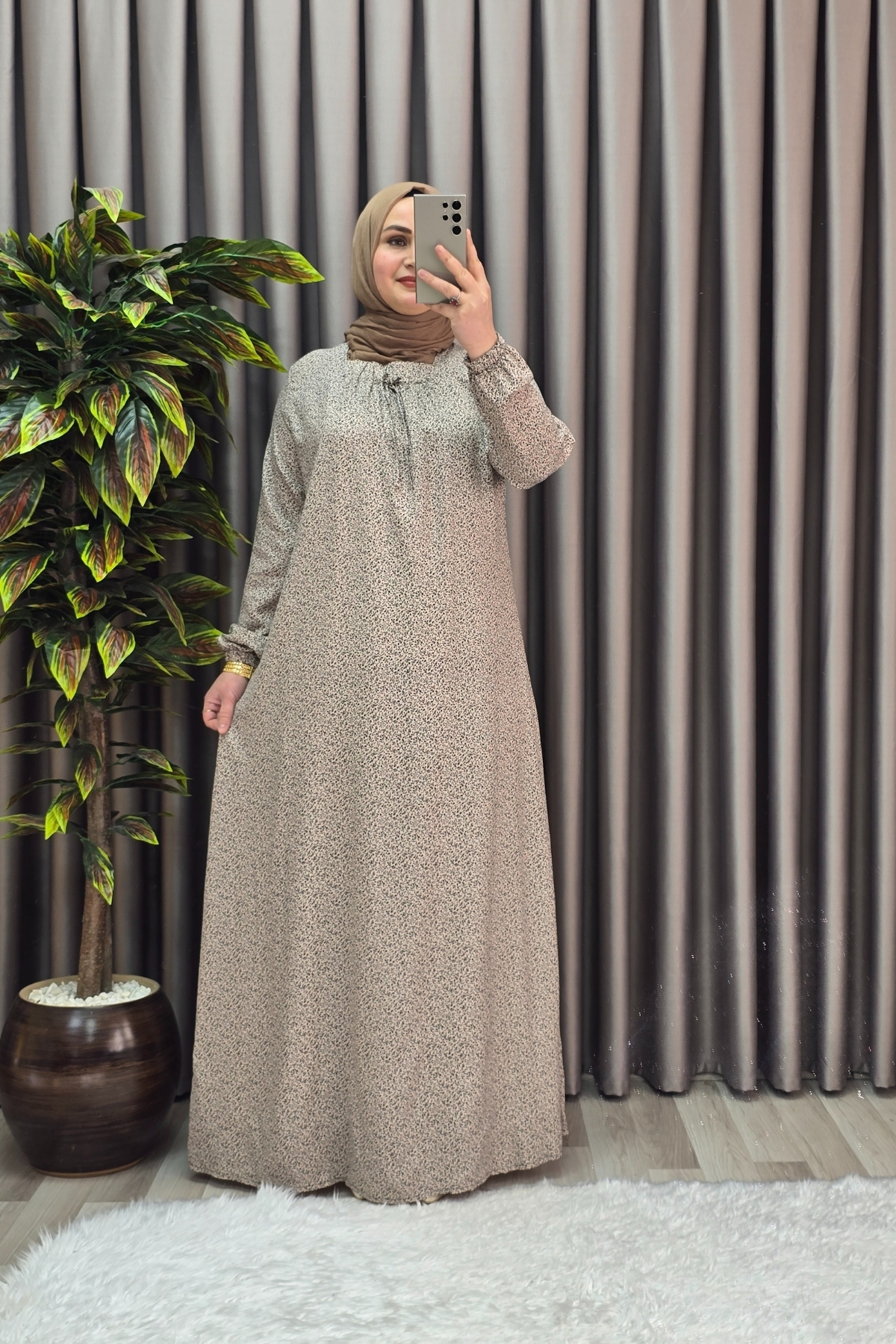 Elmas Tesettür Kadin Tesettür Giyim Büyük Beden Yarim Robali Çitir Desen Elbise