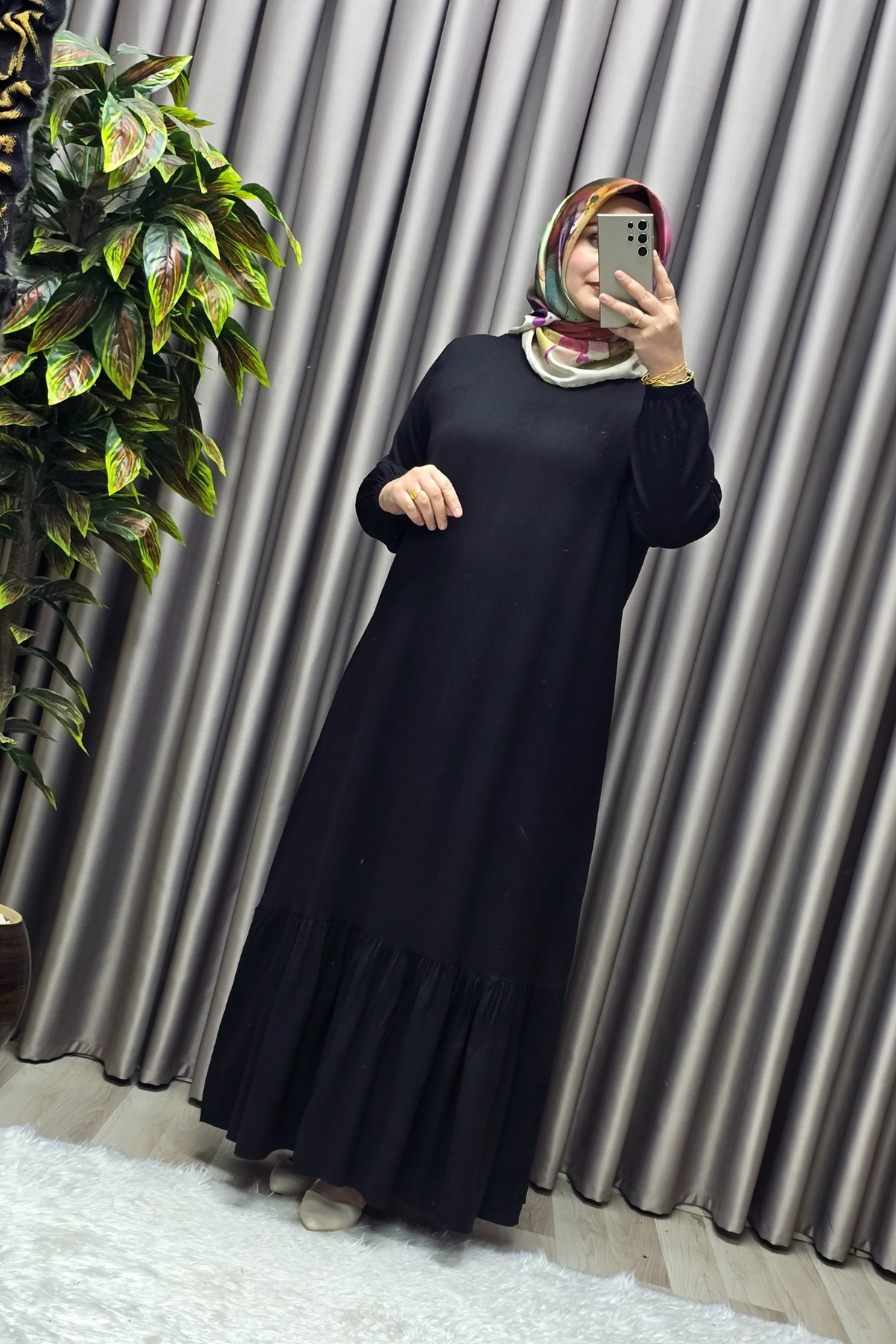 Kadın Tesettür Giyim Büyük Beden Düz Fırfırlı Elbise