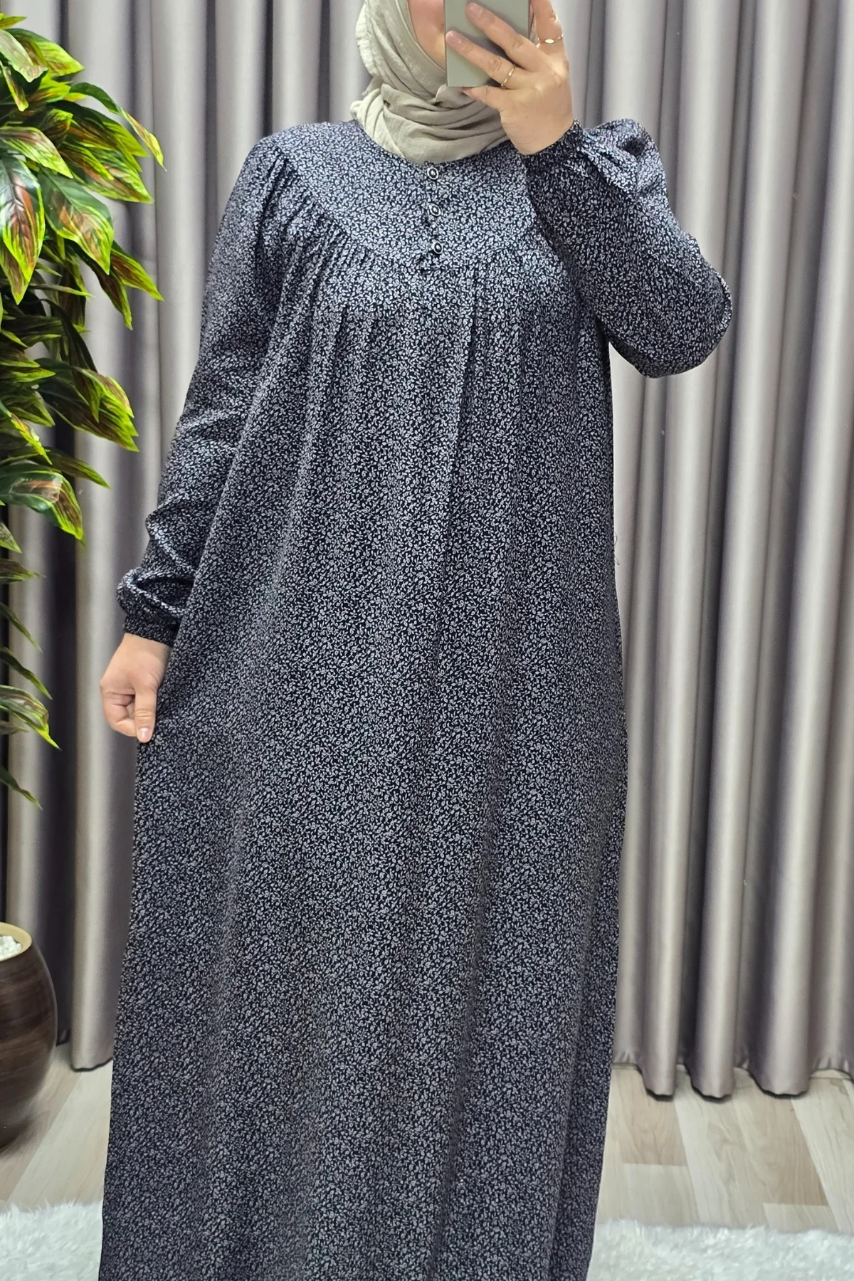 Kadın Tesettür Giyim Büyük Beden Yaprak Desenli Tam Robalı Elbise