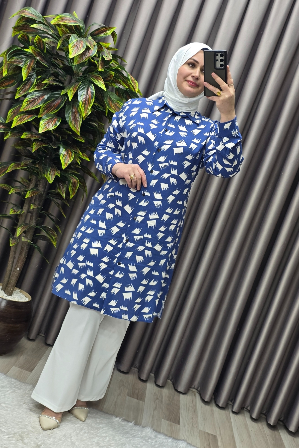 Kadın Tesettür Giyim Büyük Beden Çıtır Desen Gömlek