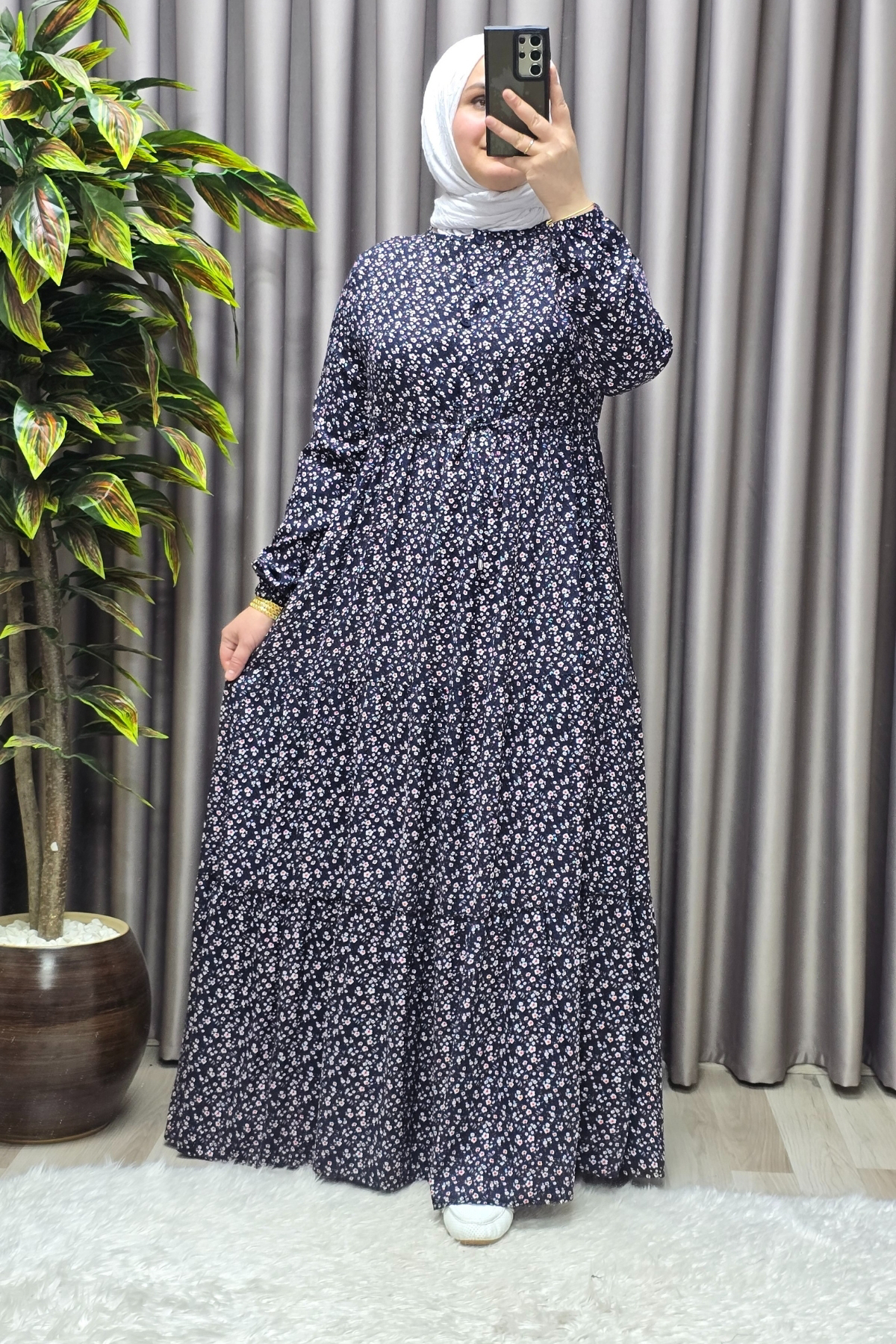 Kadın Tesettür Giyim Yazlık Viscon Üç Katlı Papatya Elbise