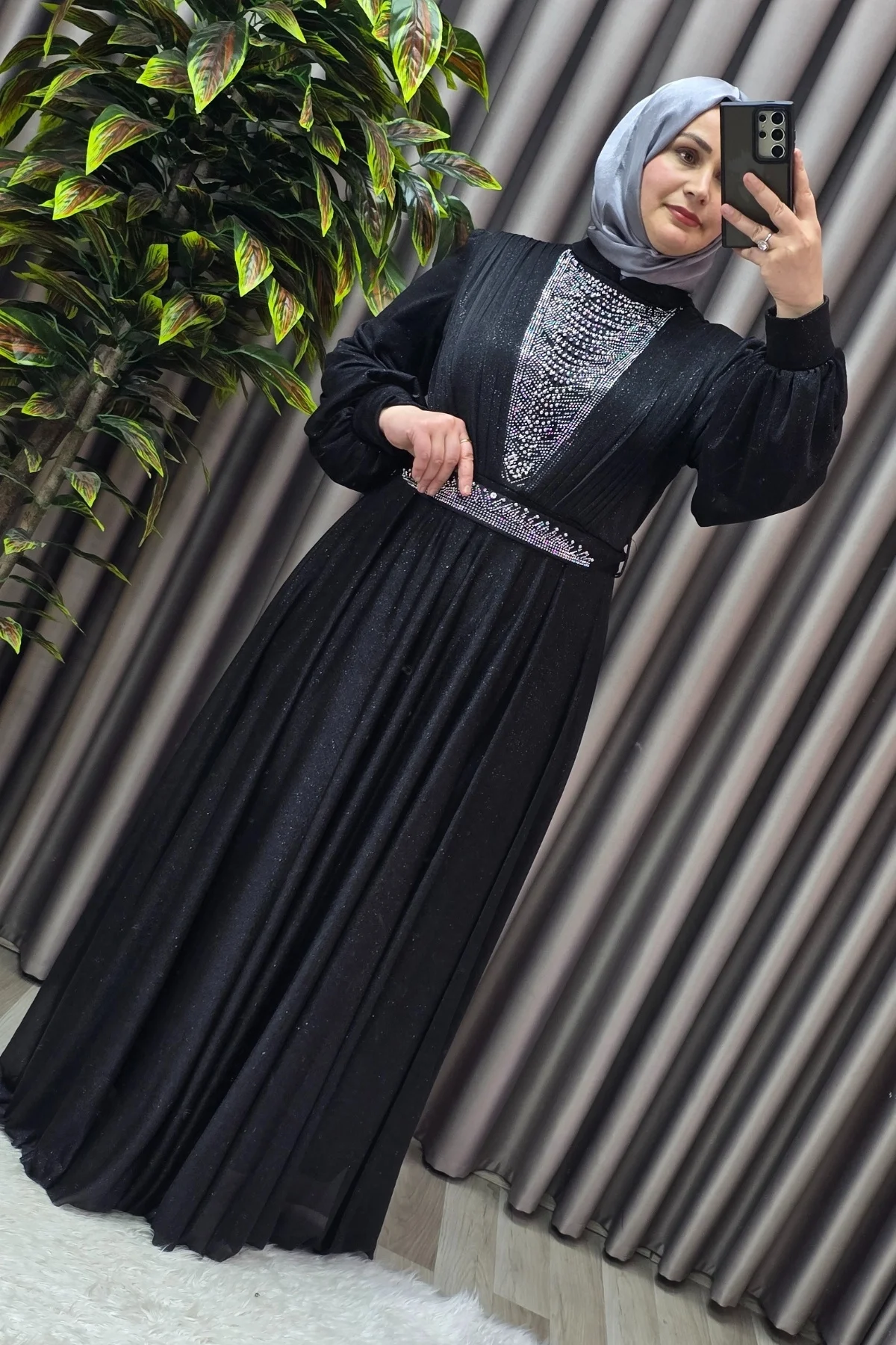 Kadın Tesettür Giyim Büyük Beden Simli Kübra Abiye