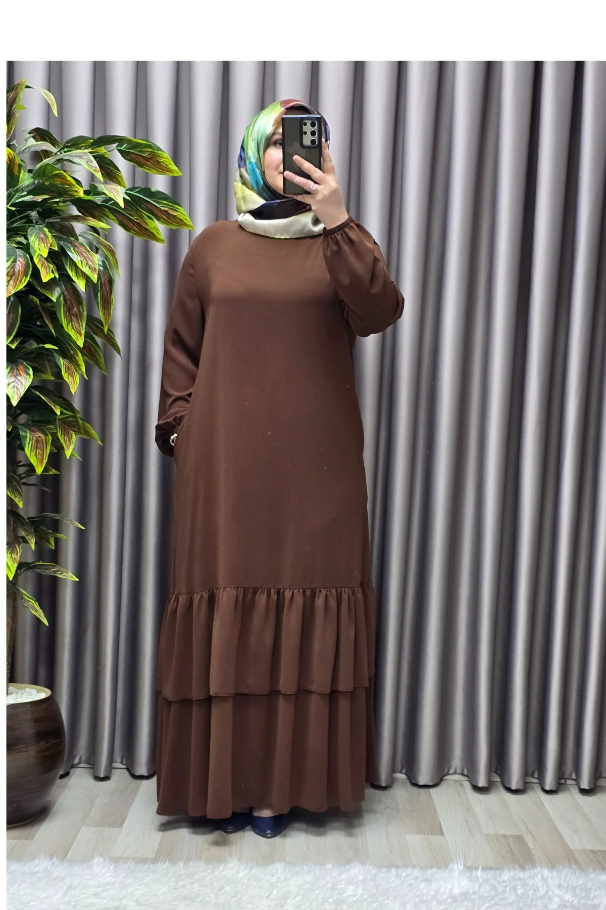 Kadın Tesettür Giyim Büyük Beden İki Katlı Krep Elbise