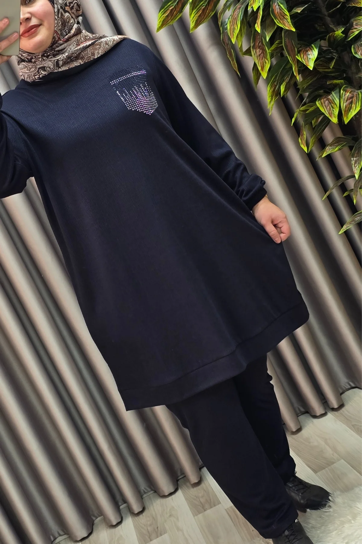 Kadın Tesettür Giyim Büyük Beden Cebi Taş İşlmeli İkili Takım