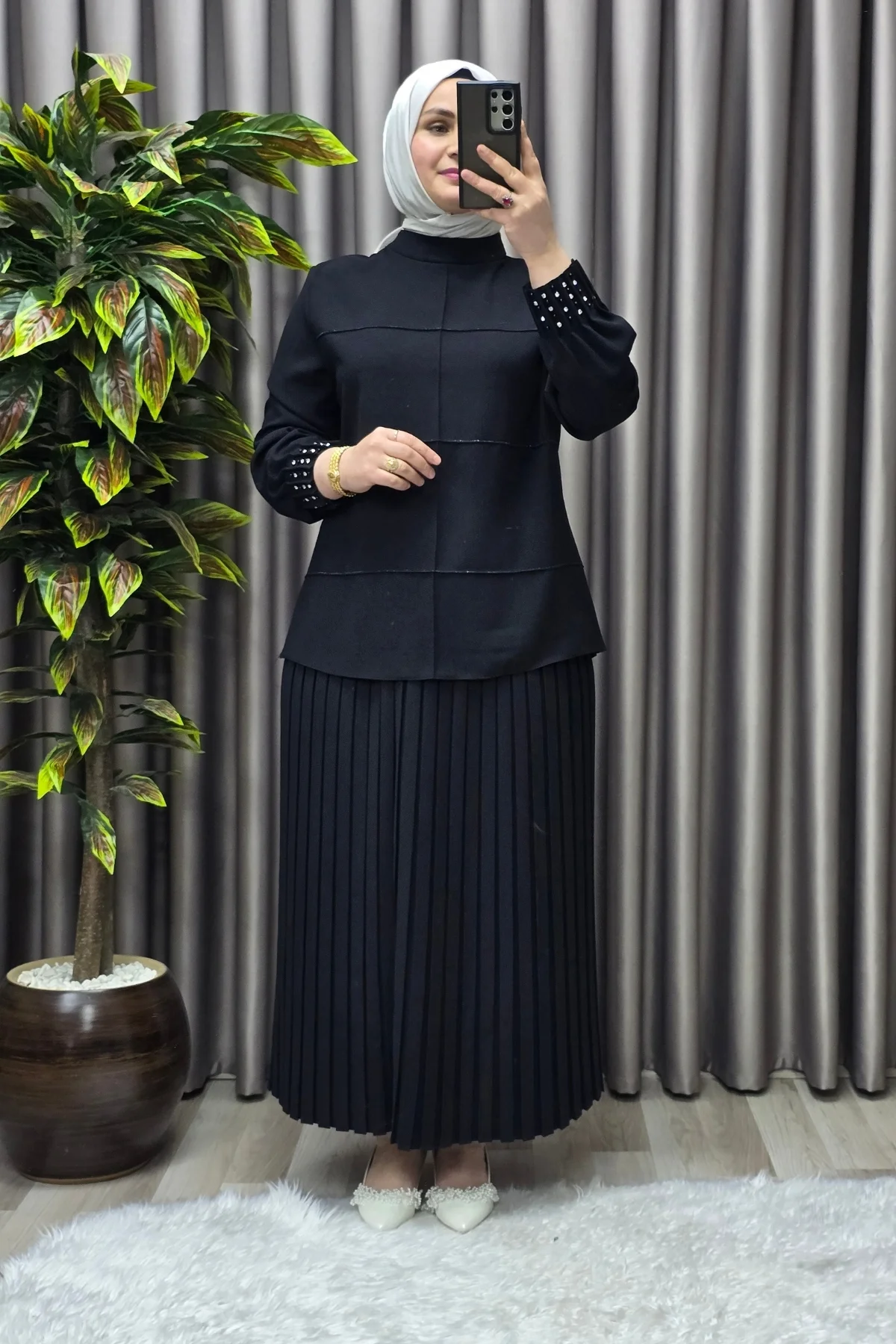 Kadın Tesettür Giyim Büyük Beden Krep Etekli Takım