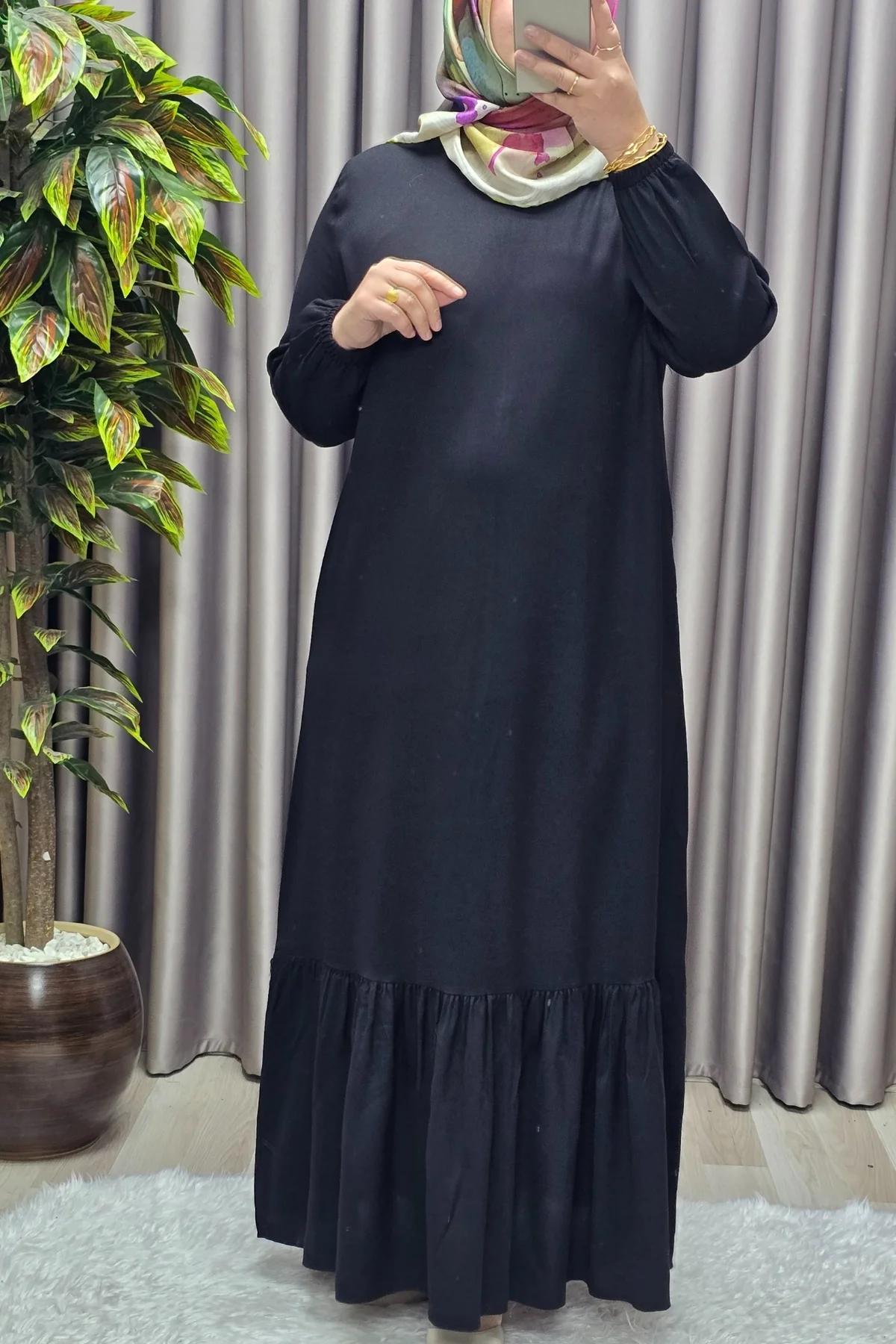 Kadın Tesettür Giyim Büyük Beden Düz Fırfırlı Elbise