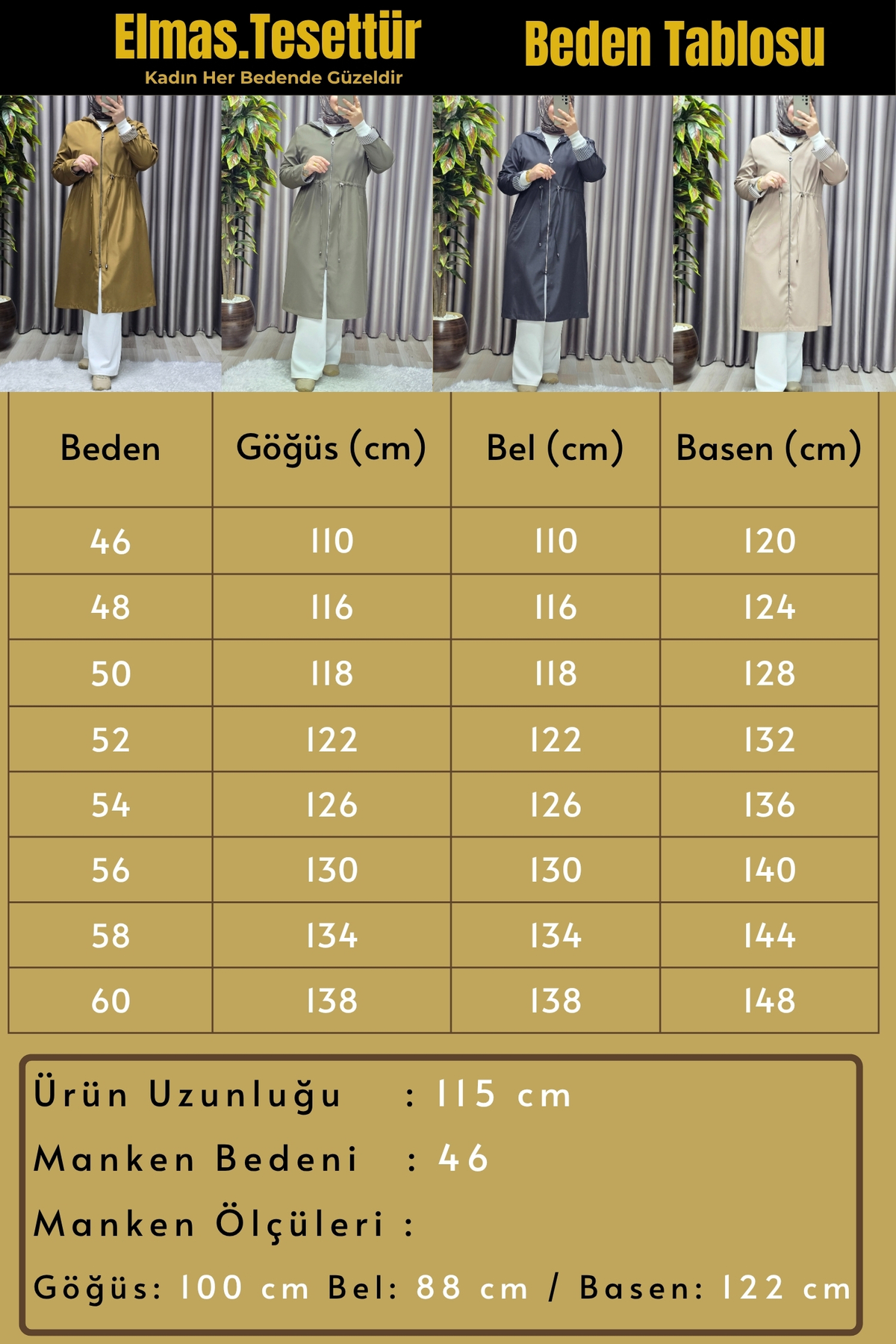 Elmas Tesettür Kadın Tesettür Giyim Büyük Beden Fransız Boy Mevsimlik Trençkot