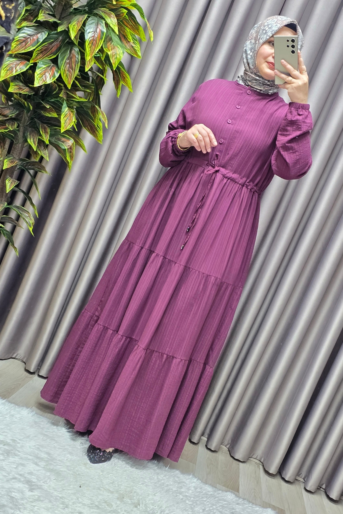 Kadın Tesettür Giyim Büyük Beden Gofre Elbise