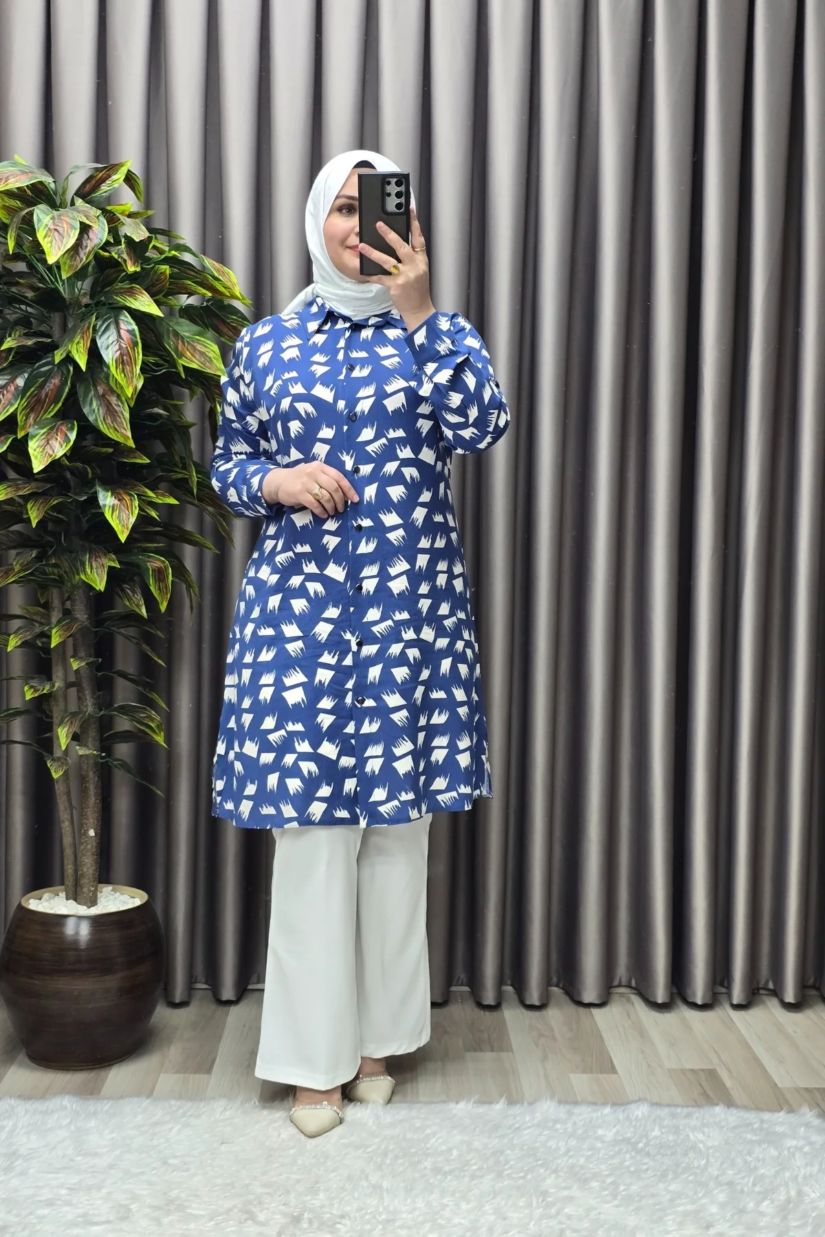 Kadın Tesettür Giyim Büyük Beden Çıtır Desen Gömlek