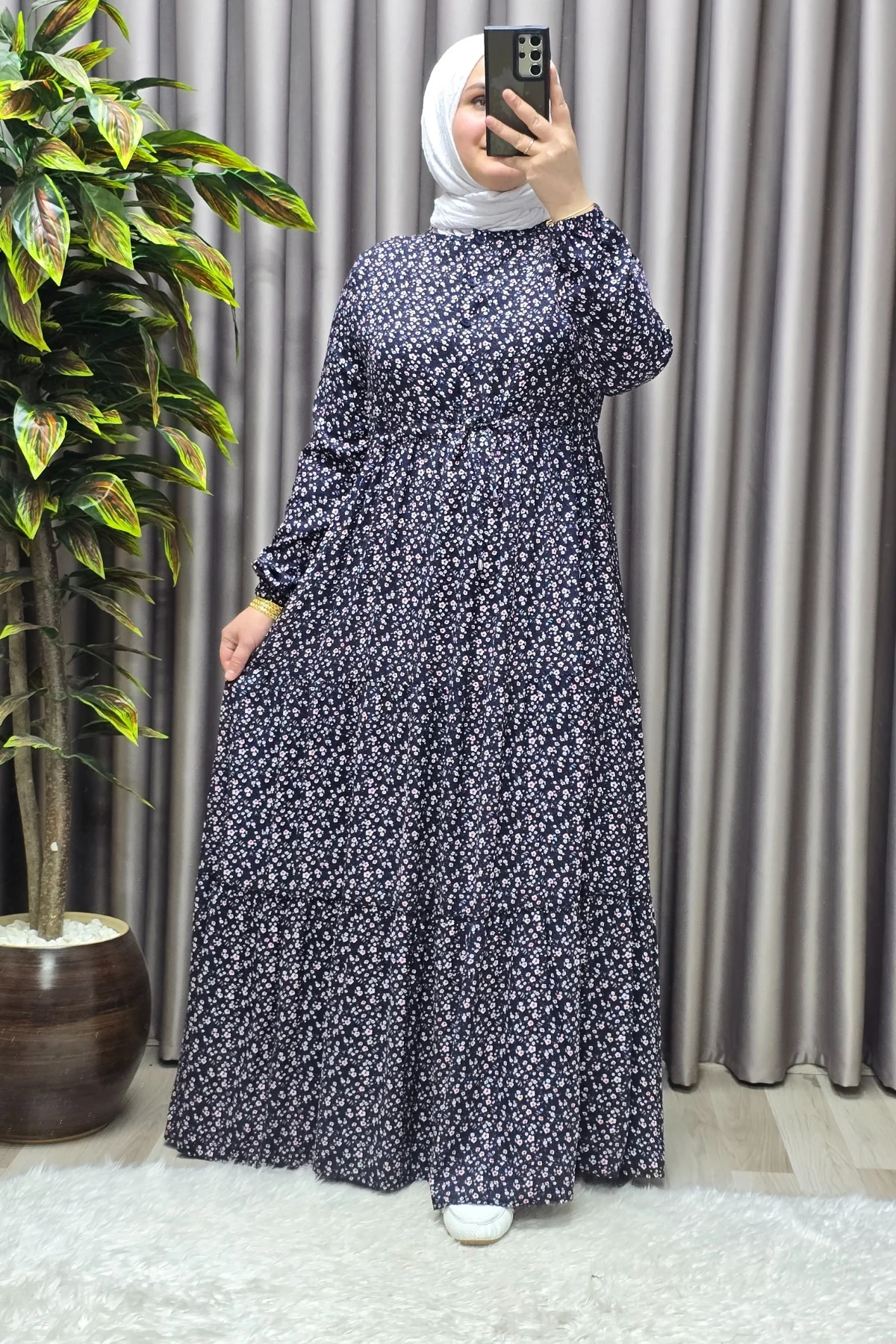 Kadın Tesettür Giyim Yazlık Viscon Üç Katlı Papatya Elbise