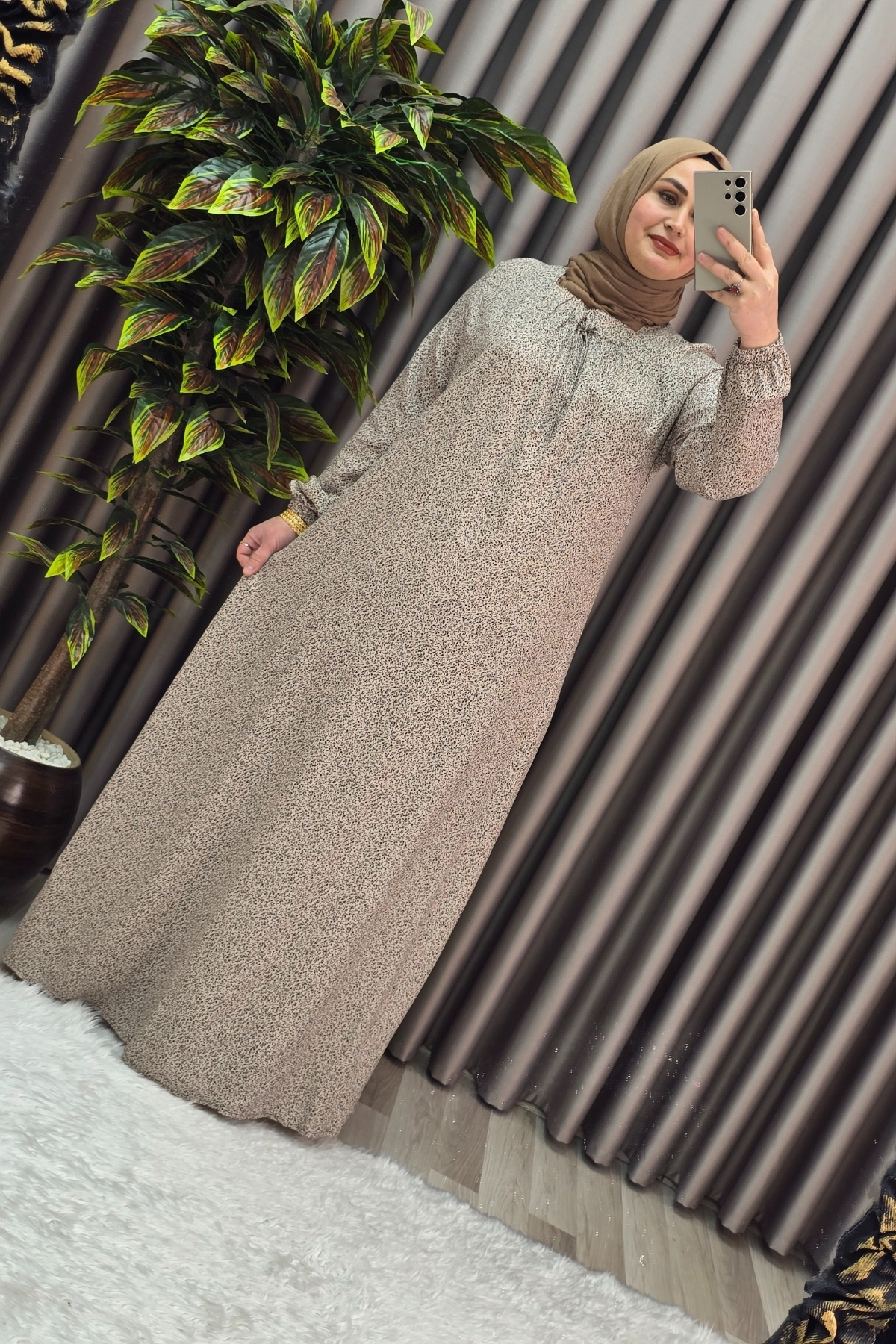 Elmas Tesettür Kadin Tesettür Giyim Büyük Beden Yarim Robali Çitir Desen Elbise