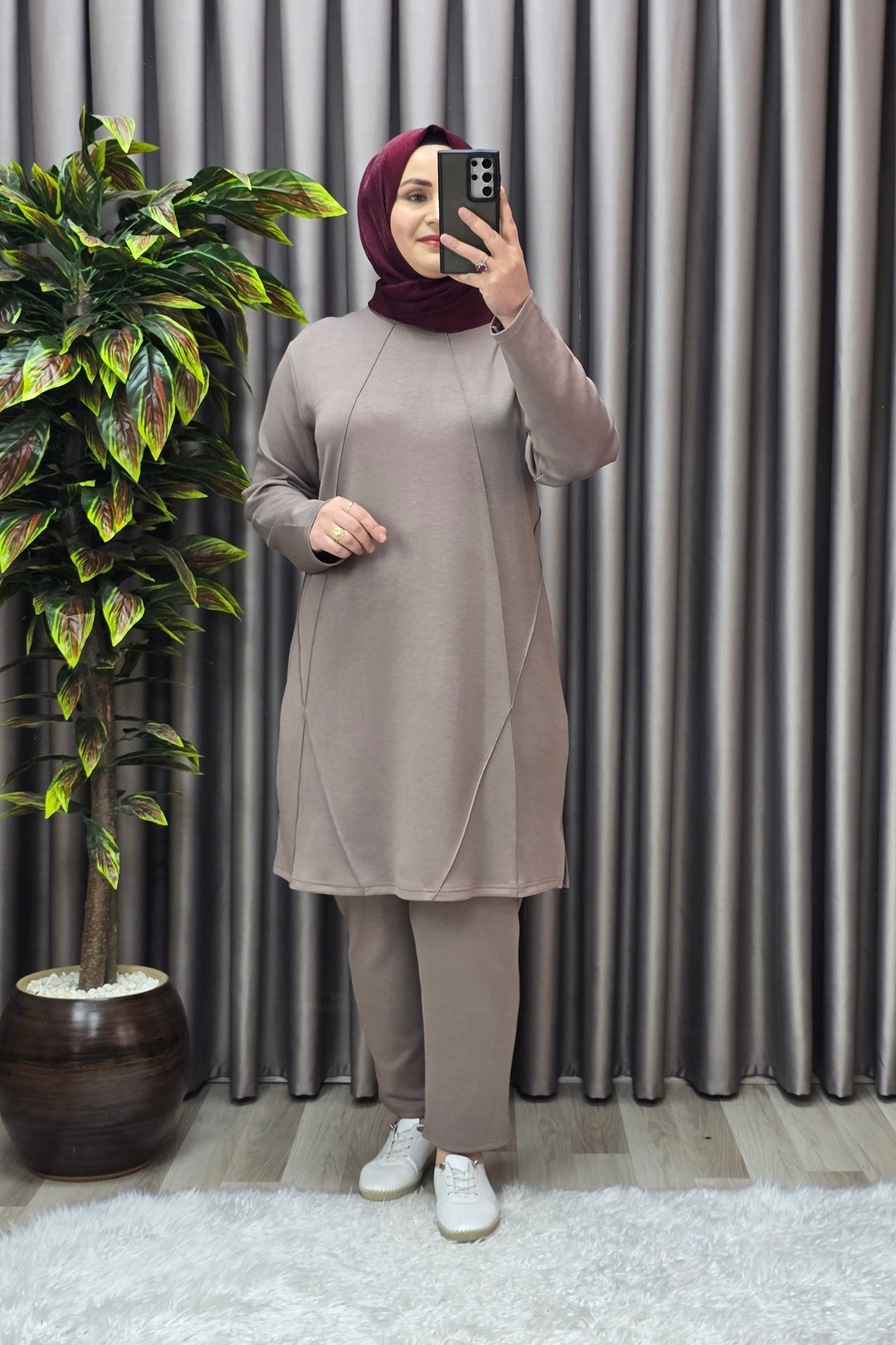 Elmas Tesettür Kadın Tesettür Giyim Büyük Beden Nervürlü Spor İkili Takım