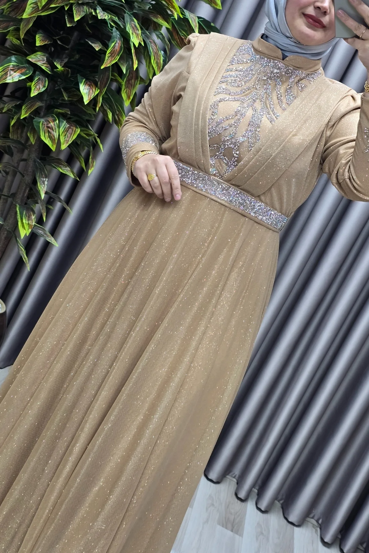 Kadın Tesettür Giyim Büyük Beden V Taşlı Abiye