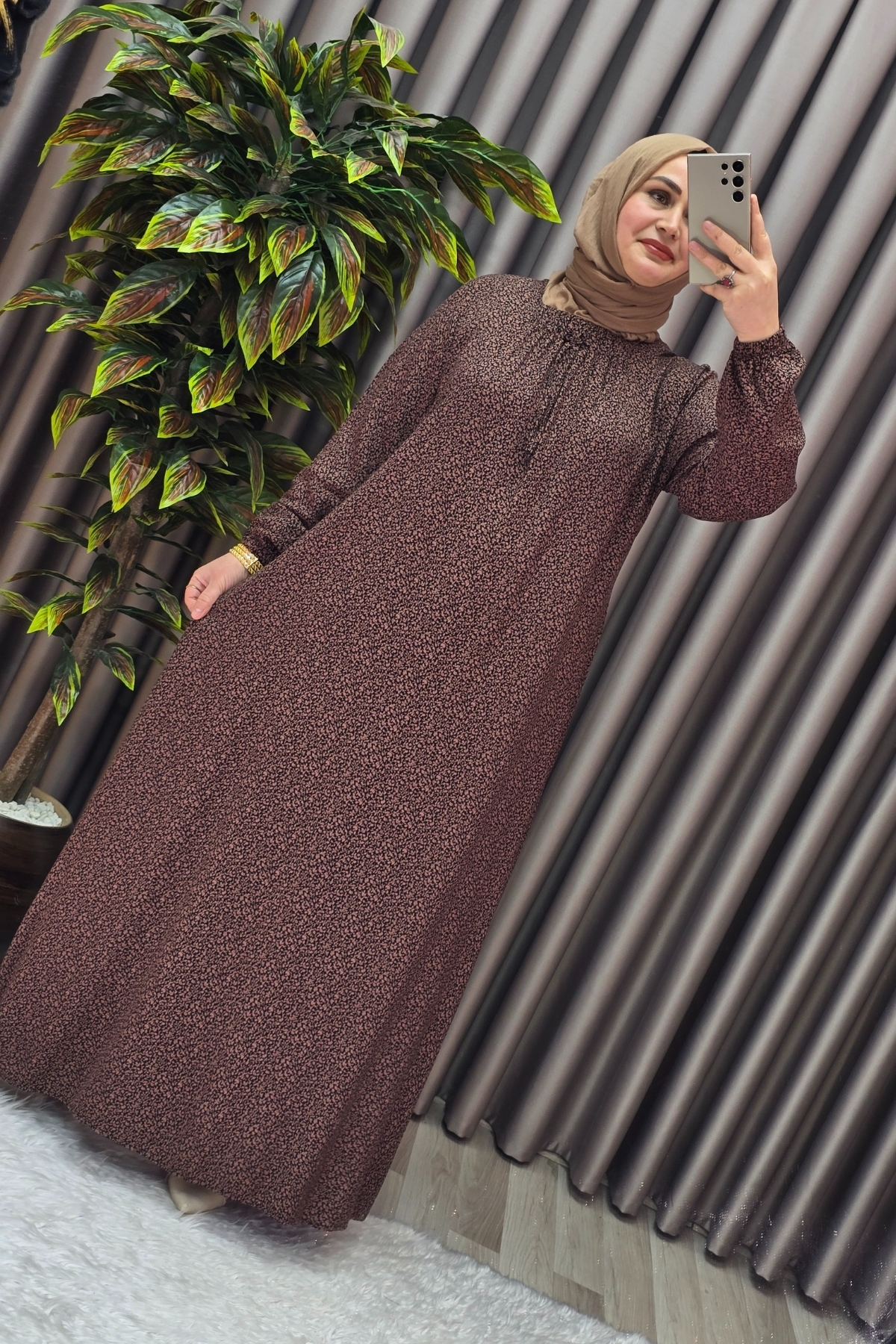 Elmas Tesettür Kadin Tesettür Giyim Büyük Beden Yarim Robali Çitir Desen Elbise