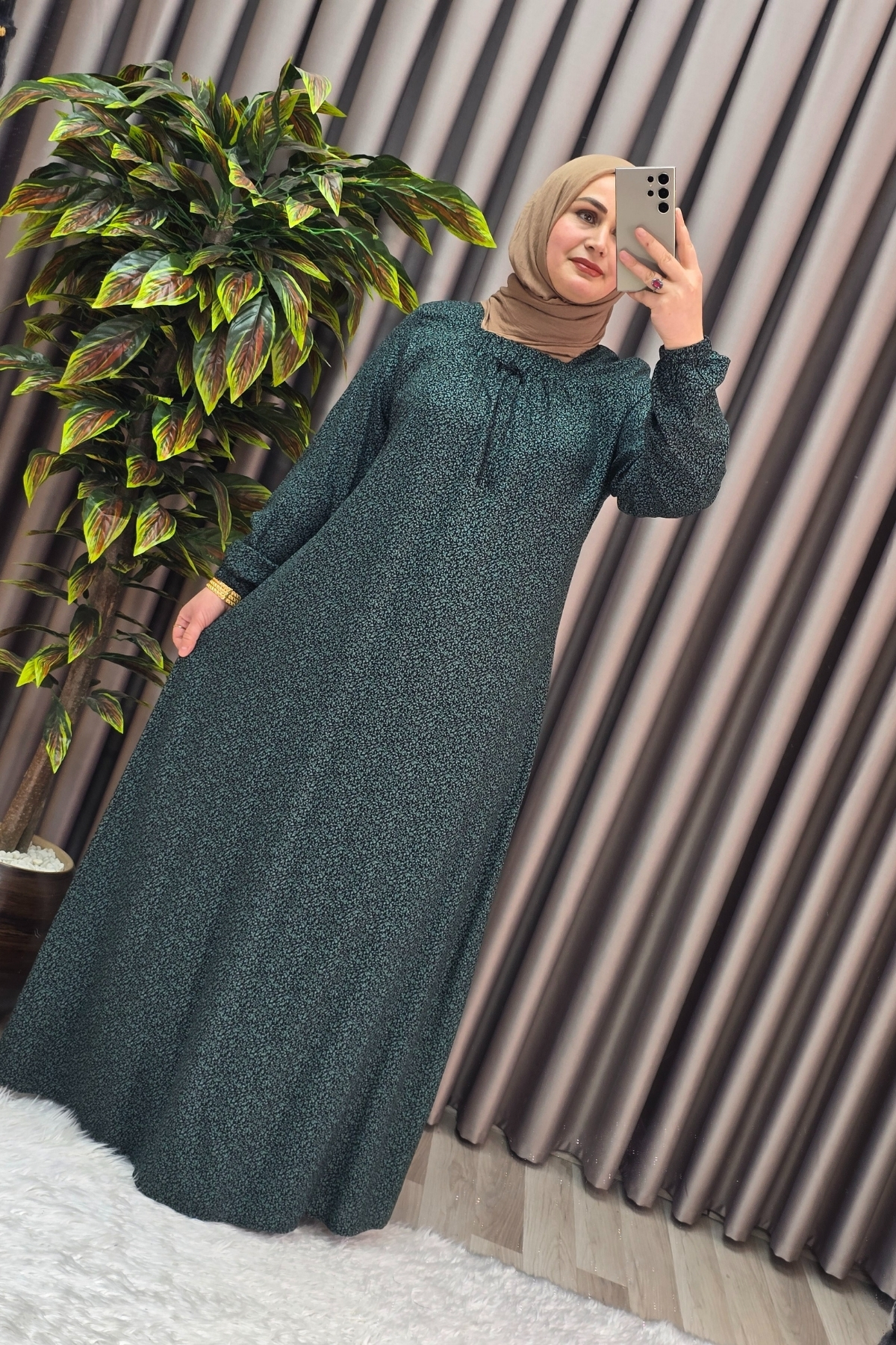 Elmas Tesettür Kadin Tesettür Giyim Büyük Beden Yarim Robali Çitir Desen Elbise