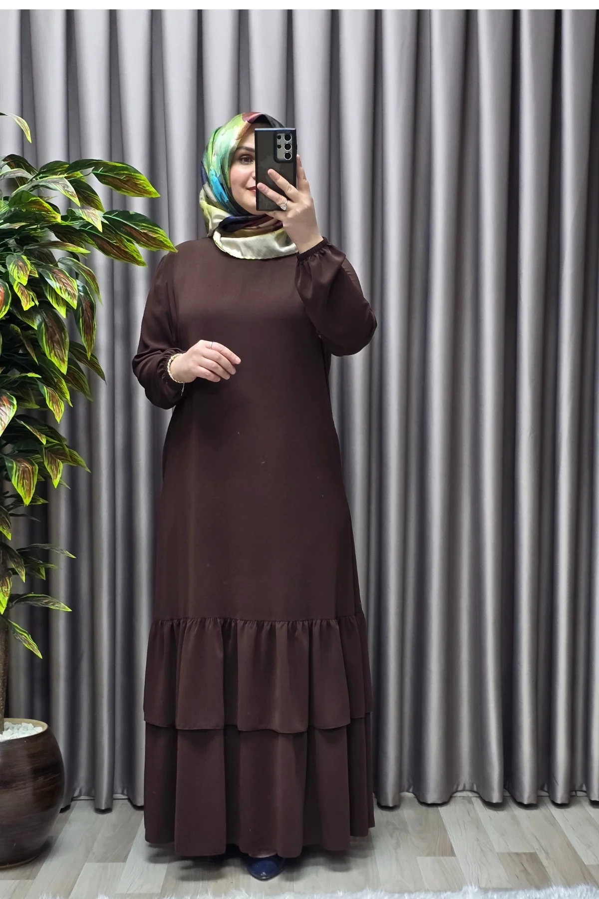 Kadın Tesettür Giyim Büyük Beden İki Katlı Krep Elbise