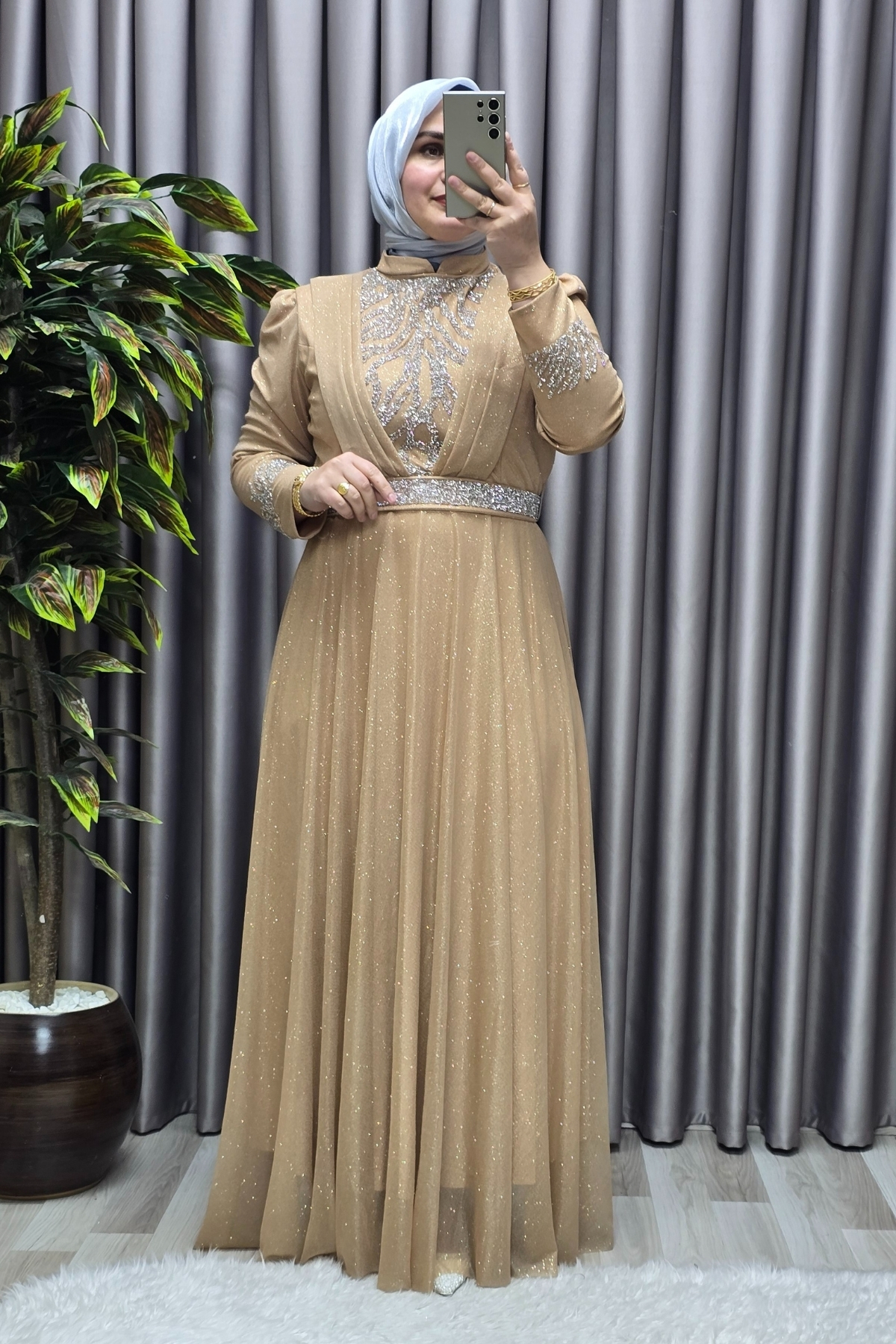 Kadın Tesettür Giyim Büyük Beden V Taşlı Abiye