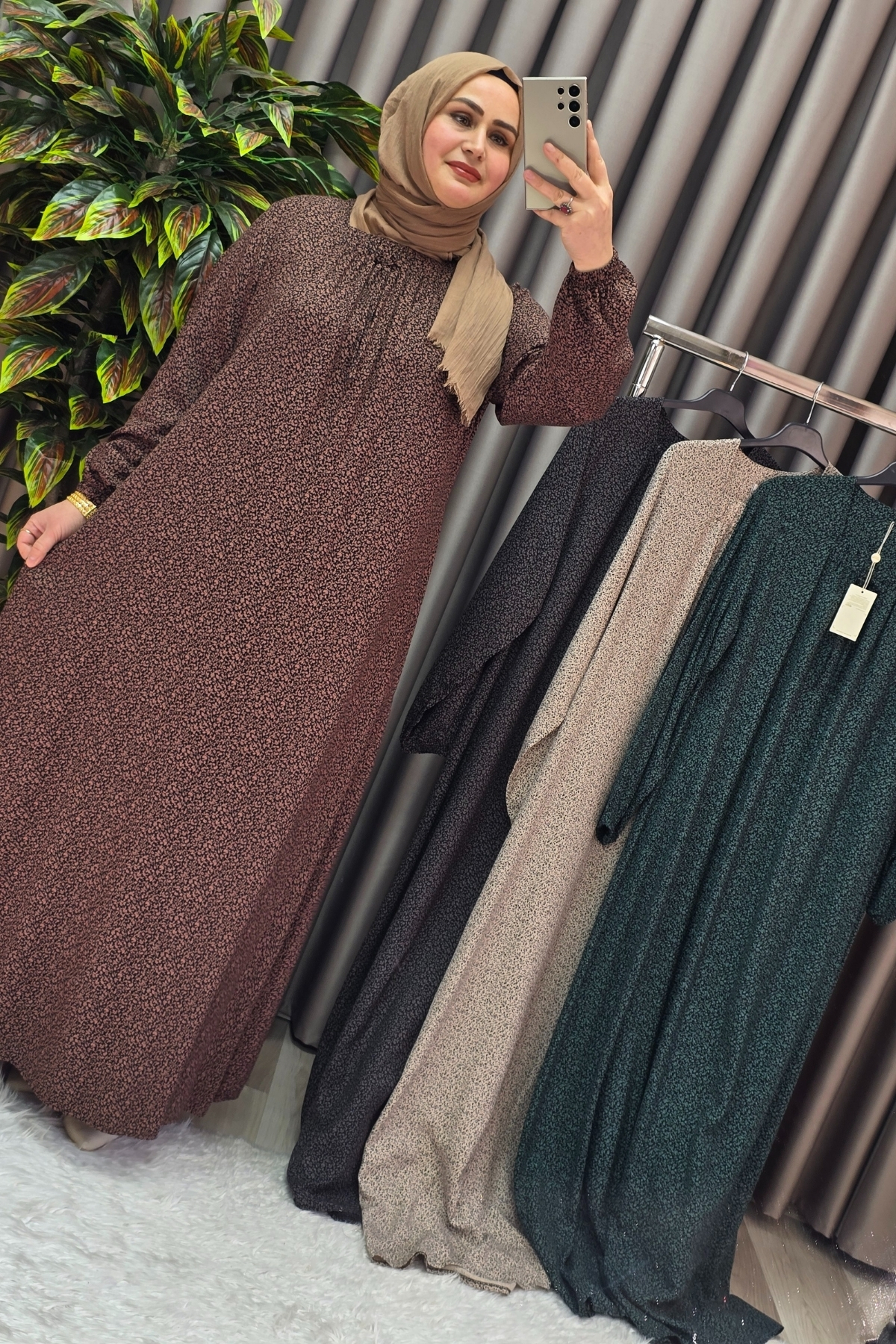 Elmas Tesettür Kadin Tesettür Giyim Büyük Beden Yarim Robali Çitir Desen Elbise