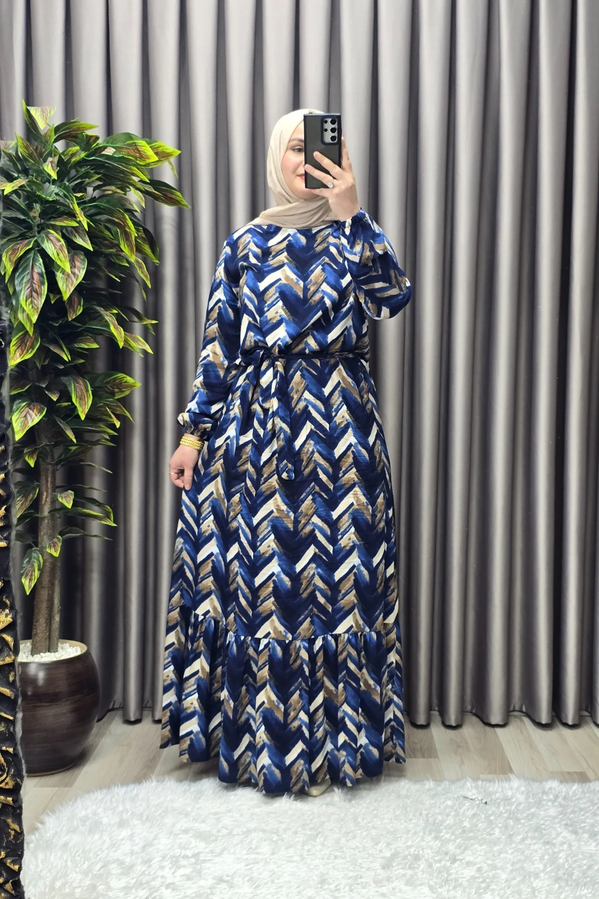 Kadın Tesettür Giyim Büyük Beden Viscon Desenli Elbise