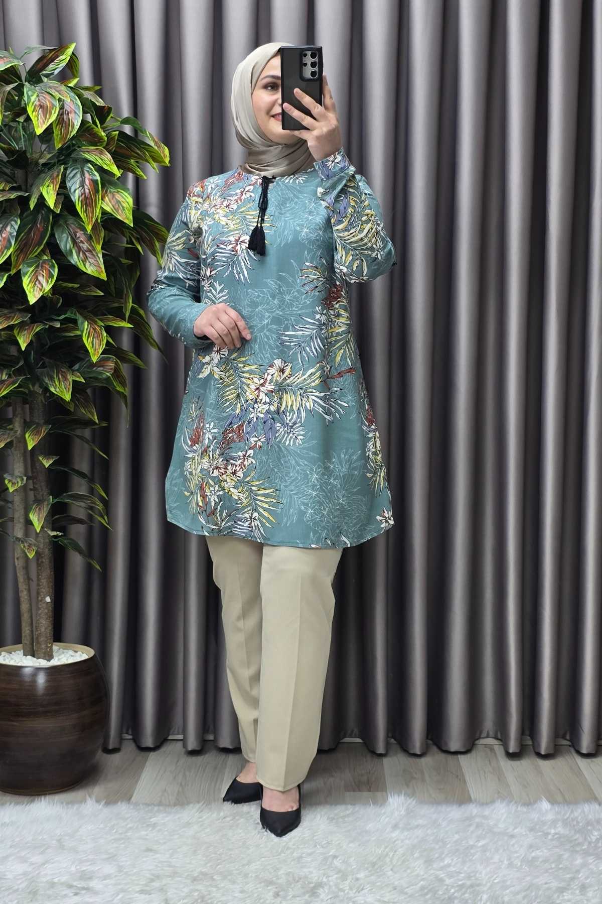 Elmas Tesettür Kadın Tesettür Giyim Büyük Beden Palmiye Desen Tunik