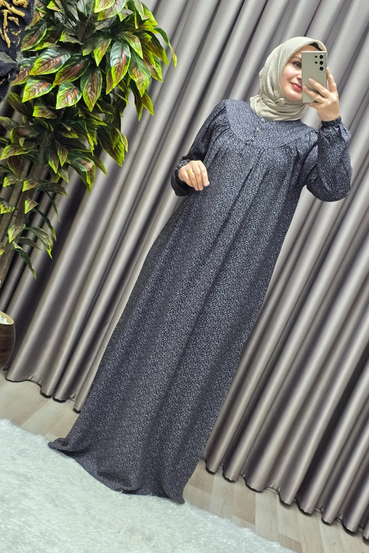 Kadın Tesettür Giyim Büyük Beden Yaprak Desenli Tam Robalı Elbise