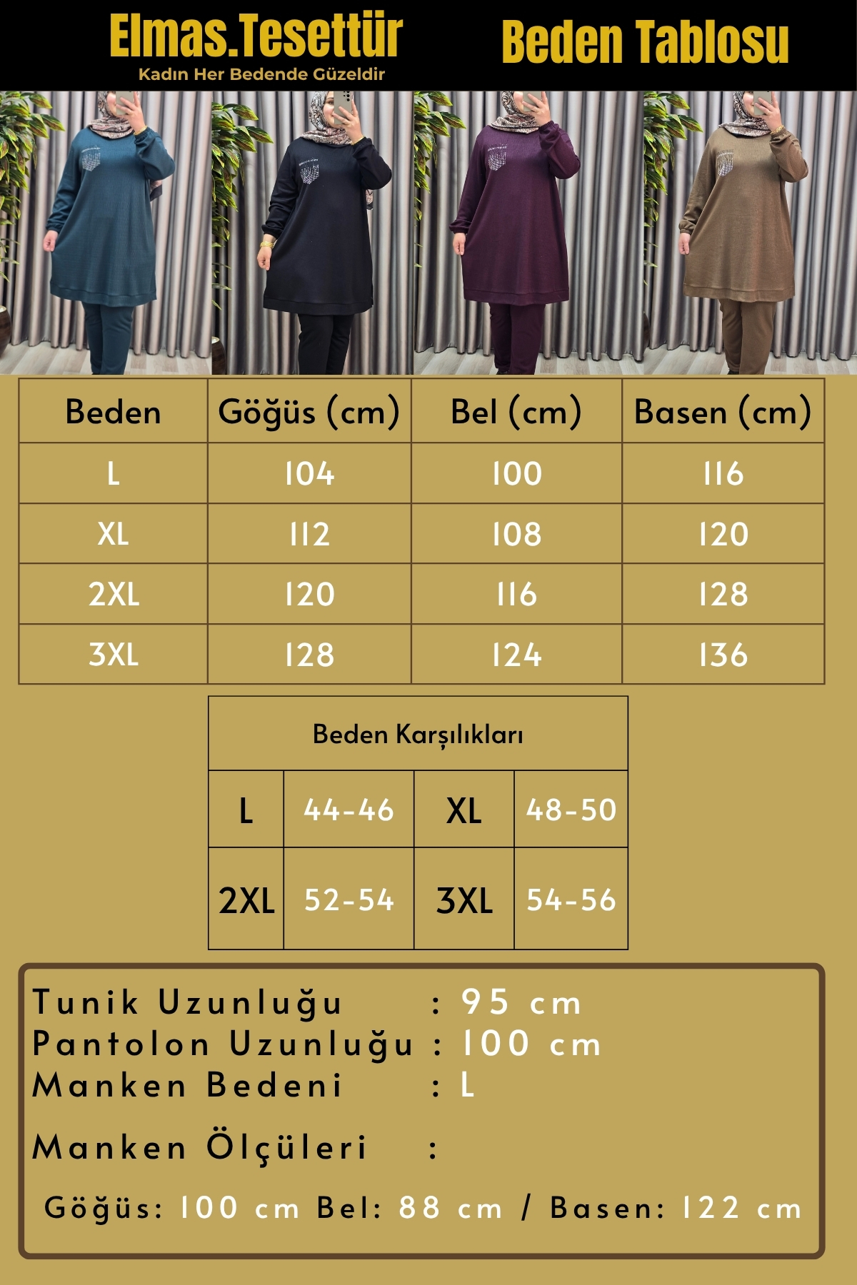 Elmas Tesettür Kadın Tesettür Giyim Büyük Beden Cebi Taş İşlmeli İkili Takım