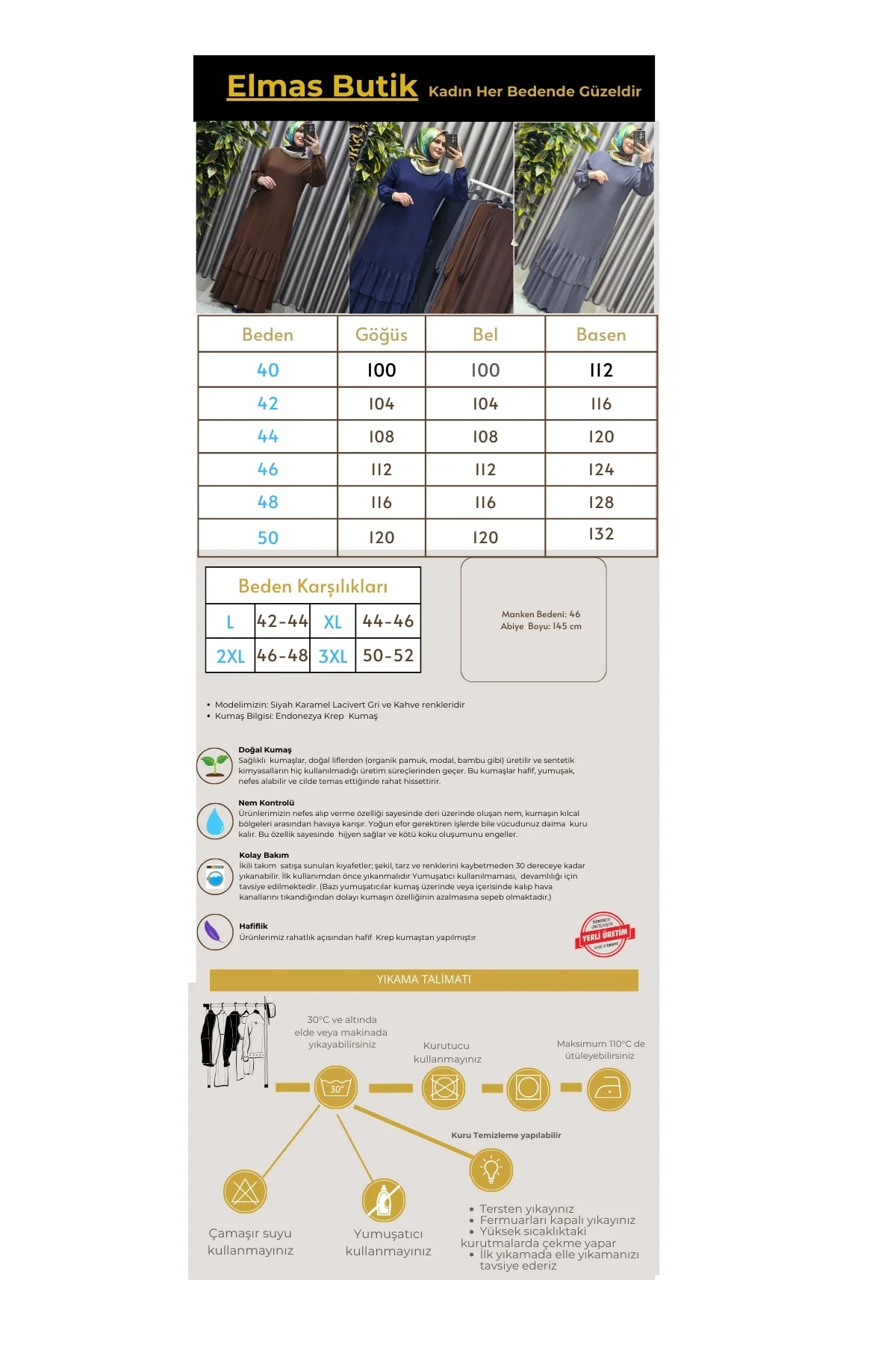 Kadın Tesettür Giyim Büyük Beden İki Katlı Krep Elbise