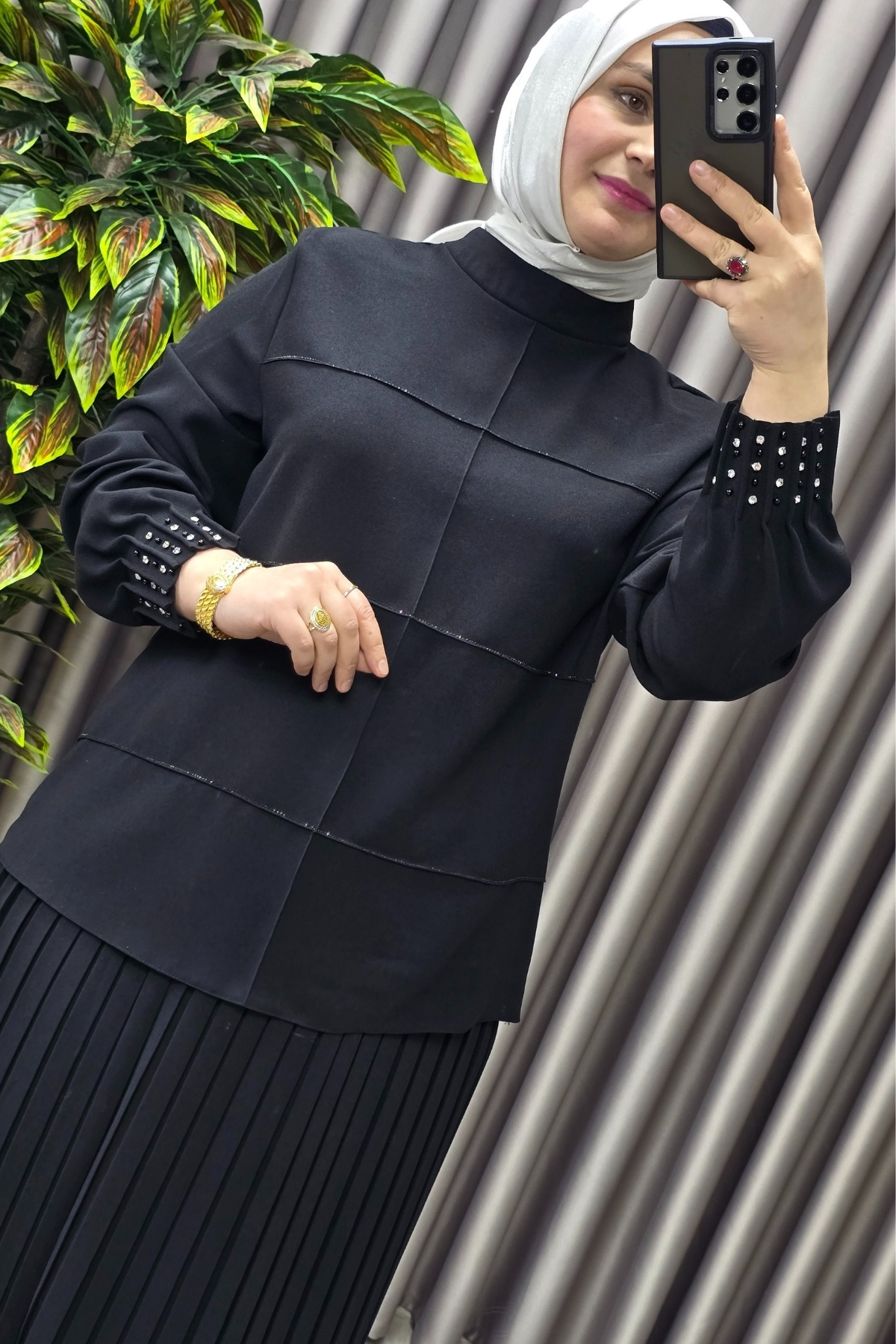 Elmas Tesettür Kadın Tesettür Giyim Büyük Beden Krep Etekli Takım