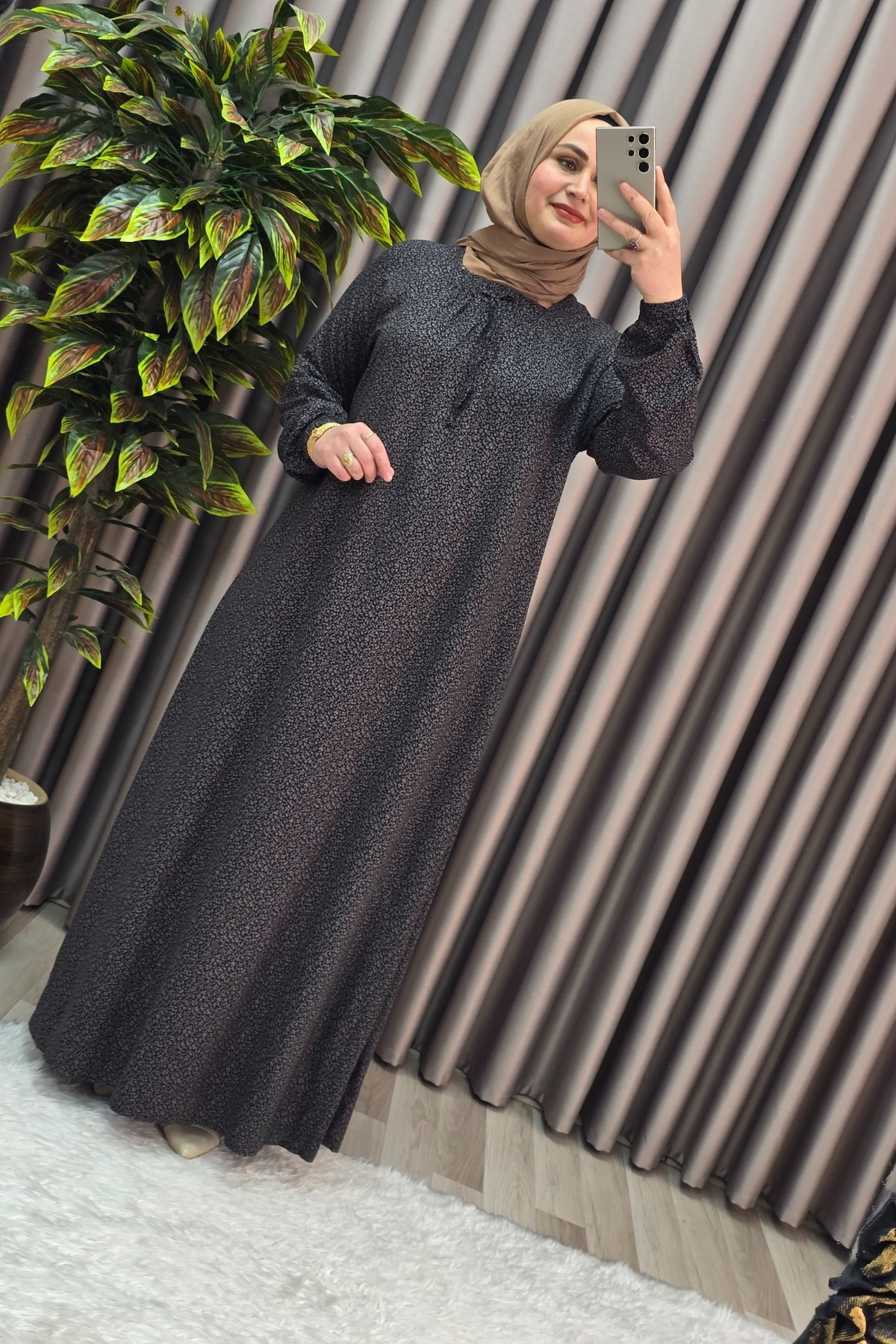 Elmas Tesettür Kadin Tesettür Giyim Büyük Beden Yarim Robali Çitir Desen Elbise