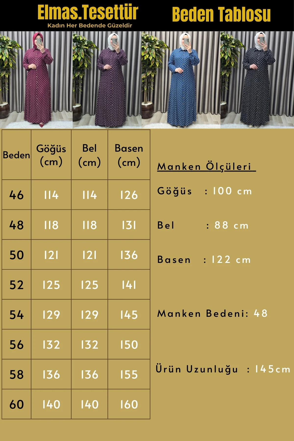 Kadın Tesettür Giyim Büyük Beden Puantiyeli Gömlek Elbise