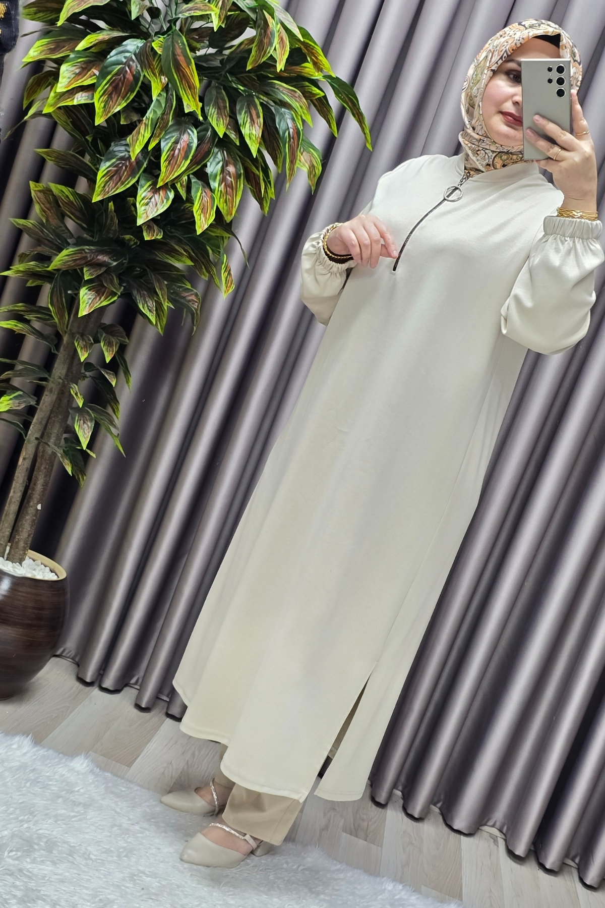 Elmas Tesettür Kadın Tesettür Giyim Büyük Beden Fermuarlı Jumbo Uzun Tunik