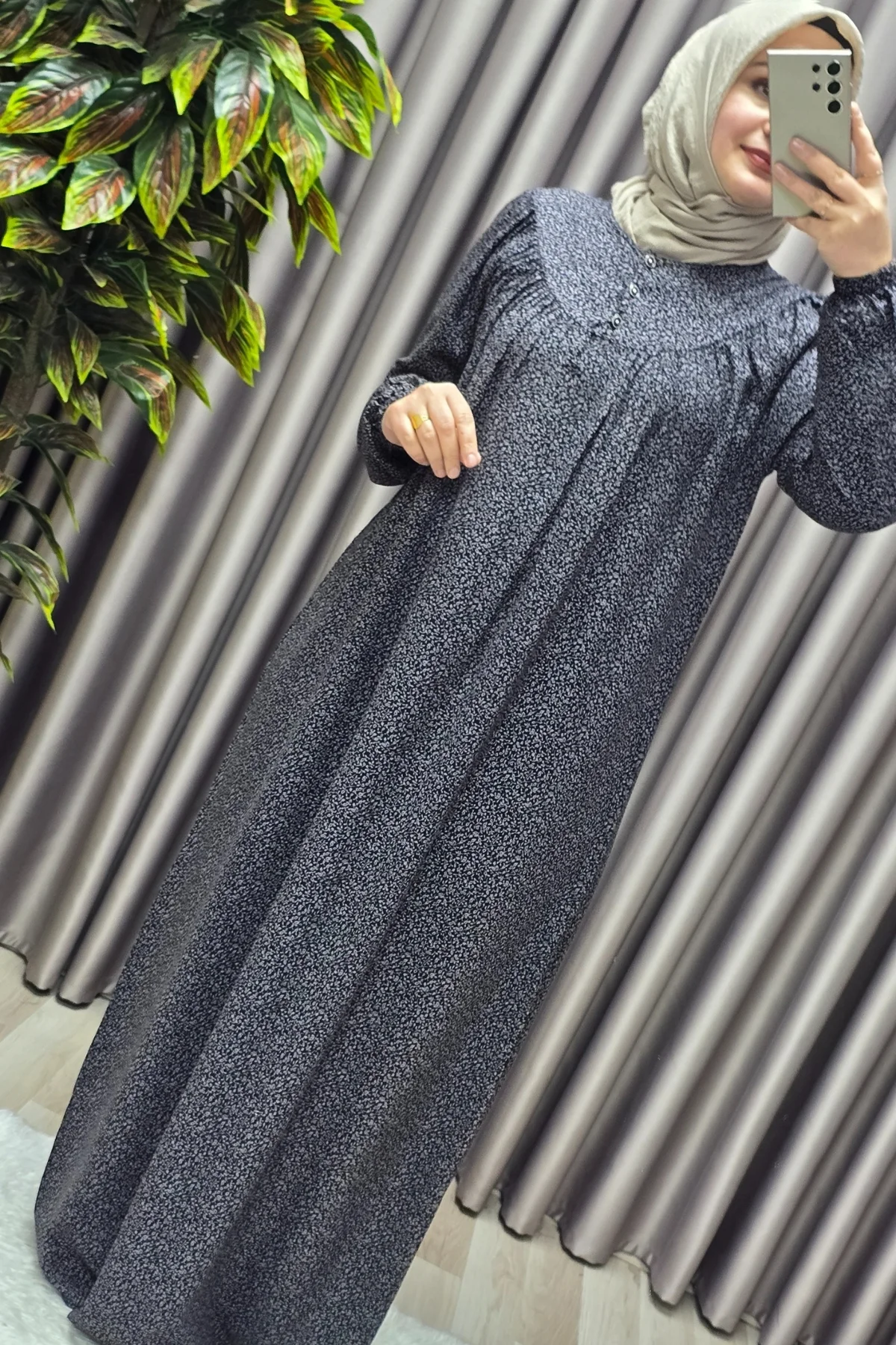 Kadın Tesettür Giyim Büyük Beden Yaprak Desenli Tam Robalı Elbise