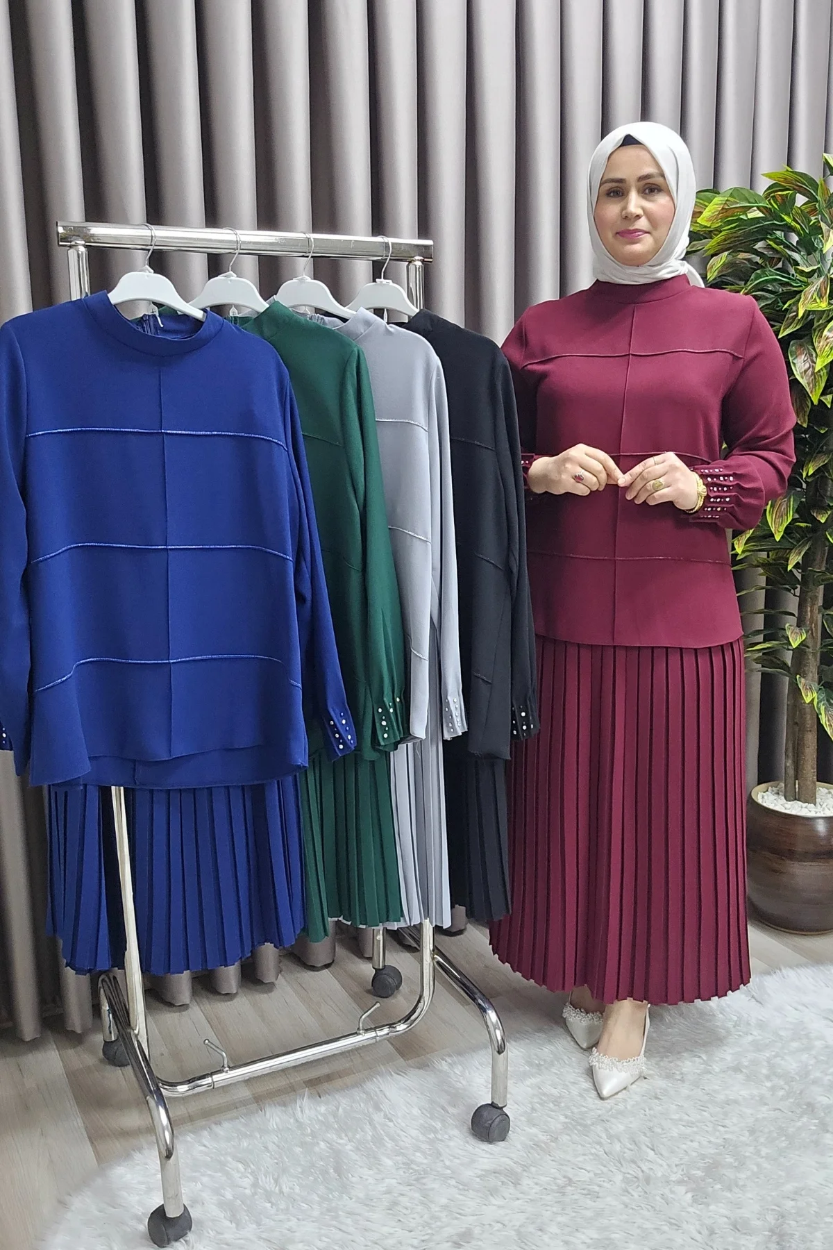 Kadın Tesettür Giyim Büyük Beden Krep Etekli Takım