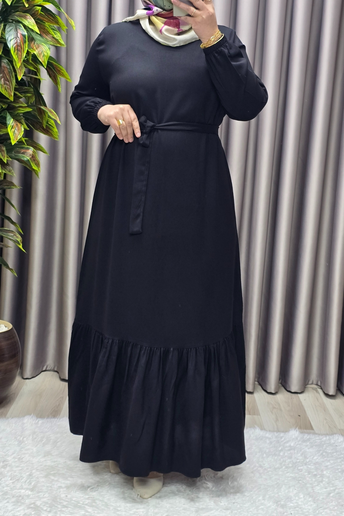 Kadın Tesettür Giyim Büyük Beden Düz Fırfırlı Elbise