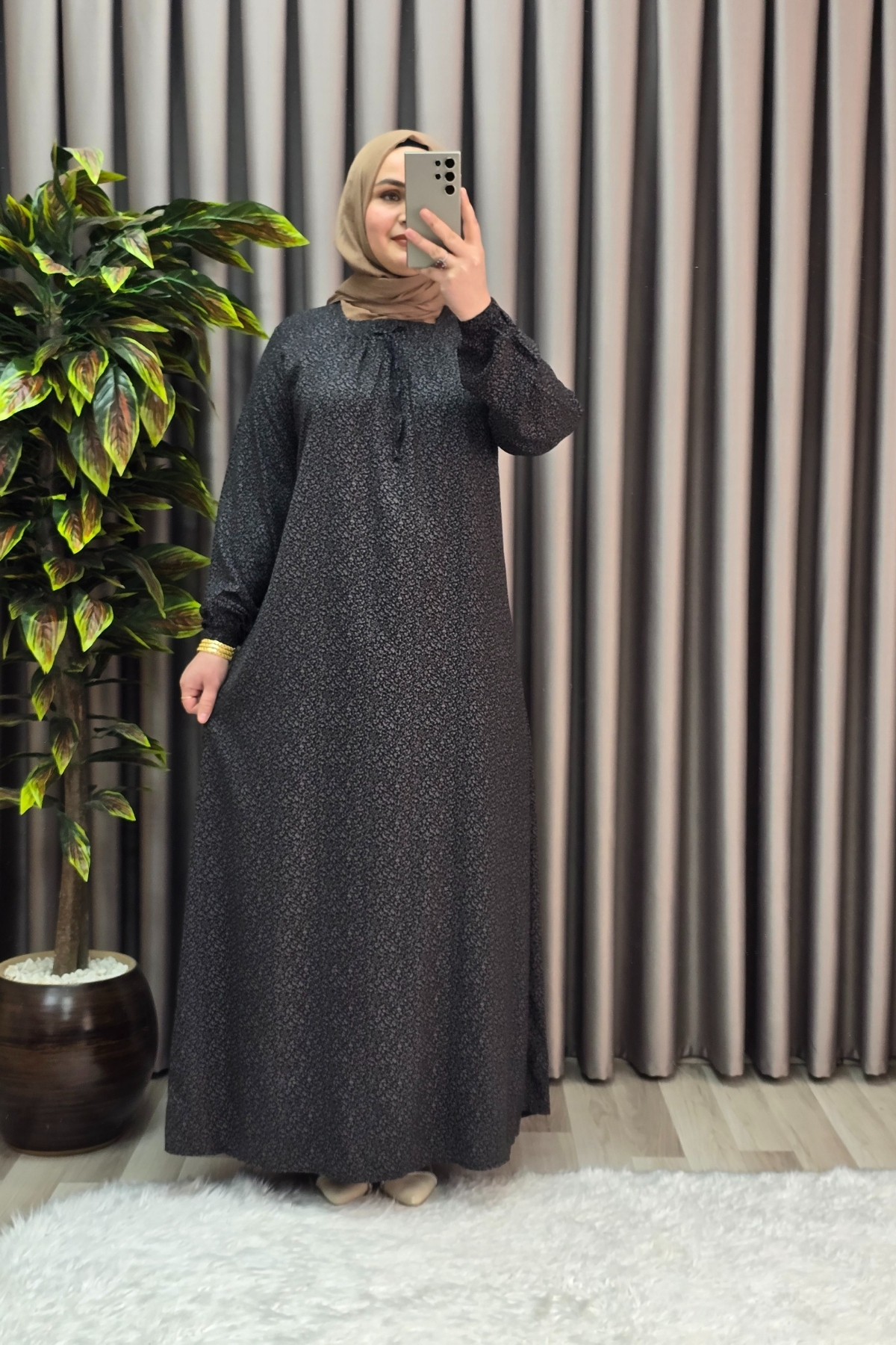 Elmas Tesettür Kadin Tesettür Giyim Büyük Beden Yarim Robali Çitir Desen Elbise