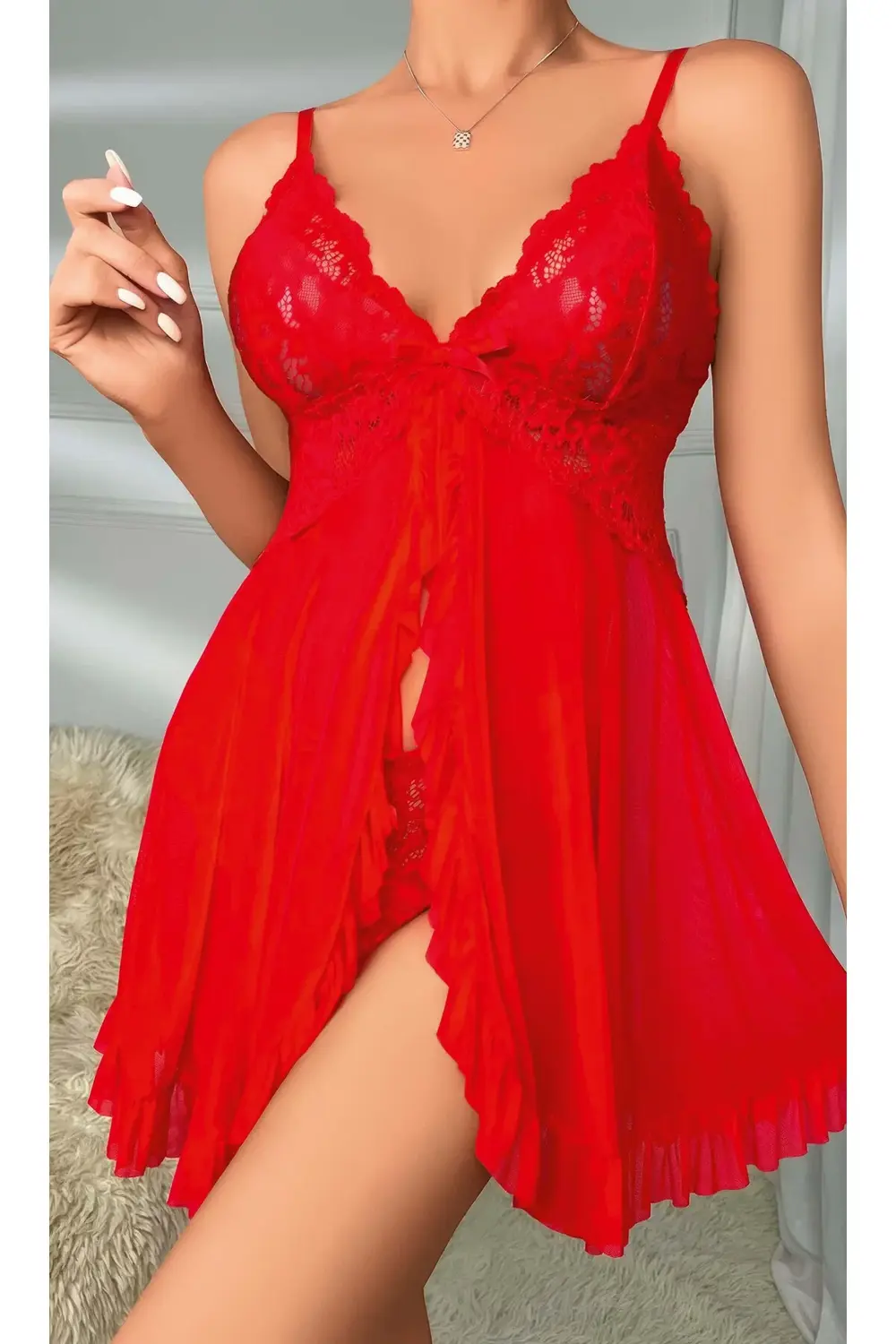 Kadın Transparan Dantel Detaylı Şık Kırmızı Fantezi Gecelik 2099 Kadın Transparan Dantel Detaylı Şık Kırmızı Fantezi Gecelik 2099
