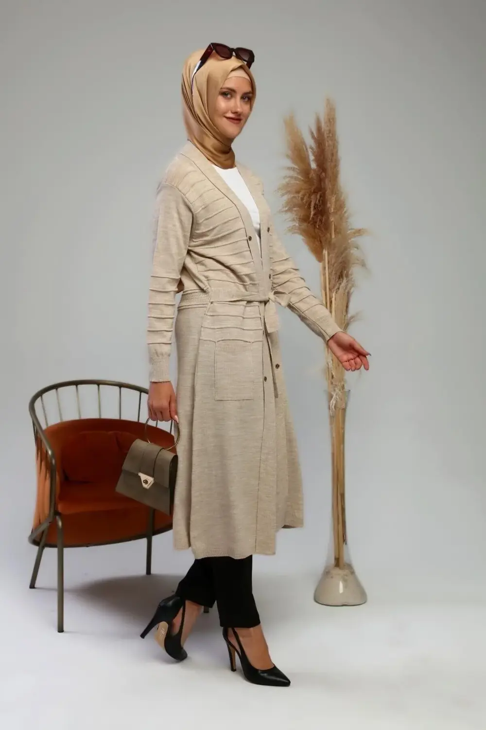 Kadın Triko Uzun Hırka Cepli V Yaka